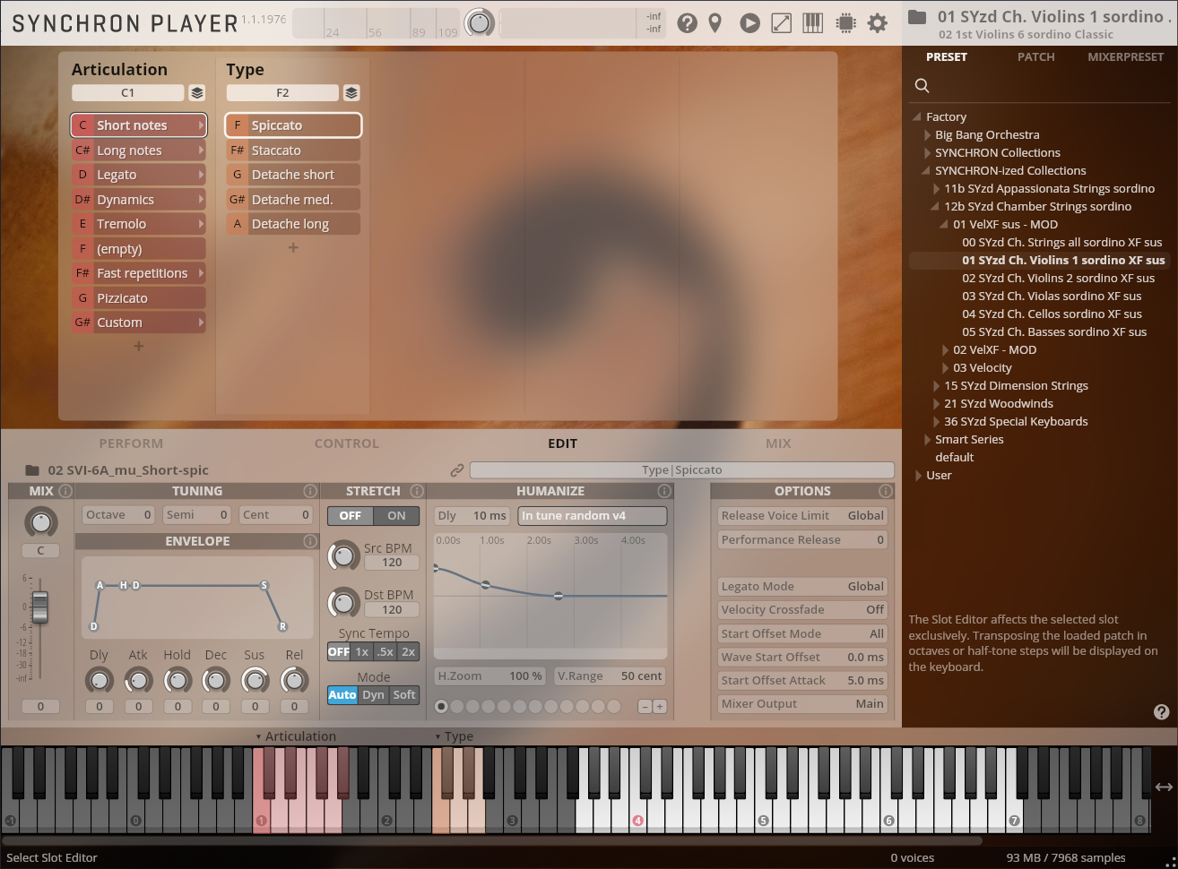 Screenshot of the SYNCHRON PLAYER software interface, showing articulation, type, performance, control, edit, mix, and preset panels for sound sample selection and manipulation for string instruments, specifically with '01 SYzd Ch. Violins 1 sordino XF sus' highlighted and 'Spiccato' selected.