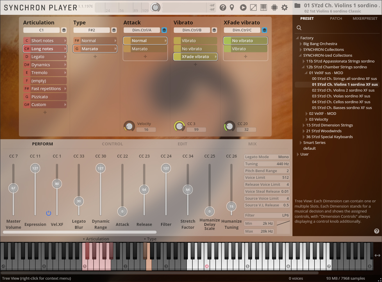 Synchron Player software interface displaying virtual instrument controls for articulation, attack, vibrato, and an active preset selection for 01 SYzd Ch. Violins 1 sordino.