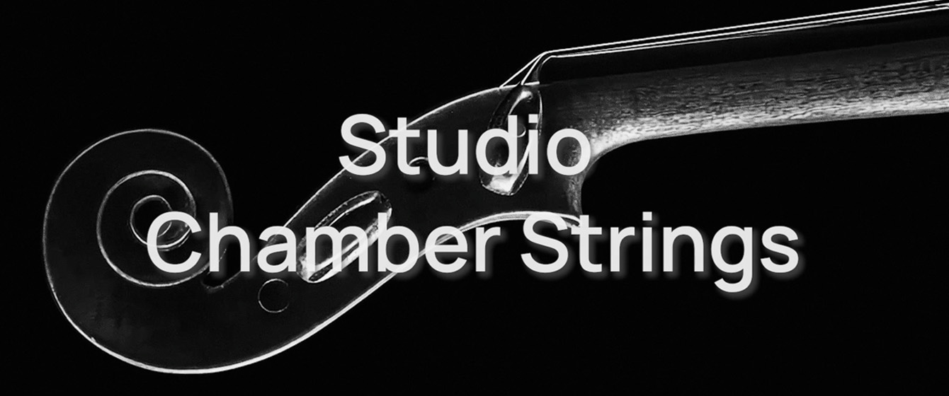 Black and white image of a violin scroll and pegbox with the words Studio Chamber Strings in white overlaid.