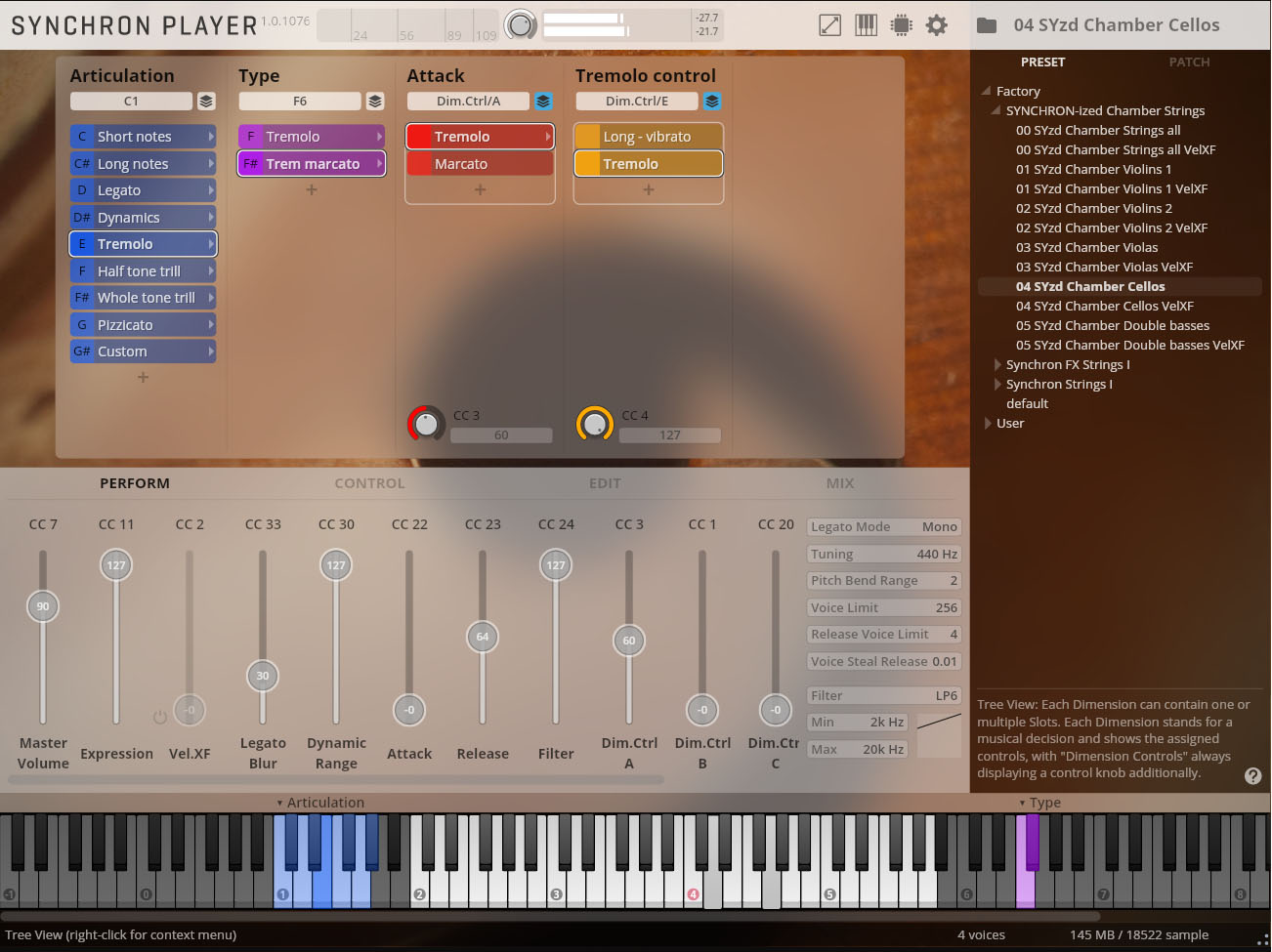 Screenshot of the Synchron Player software interface showing SYzd Chamber Cellos preset selected, displaying articulation and tremolo controls, faders for master volume and dynamics, and a virtual keyboard at the bottom.