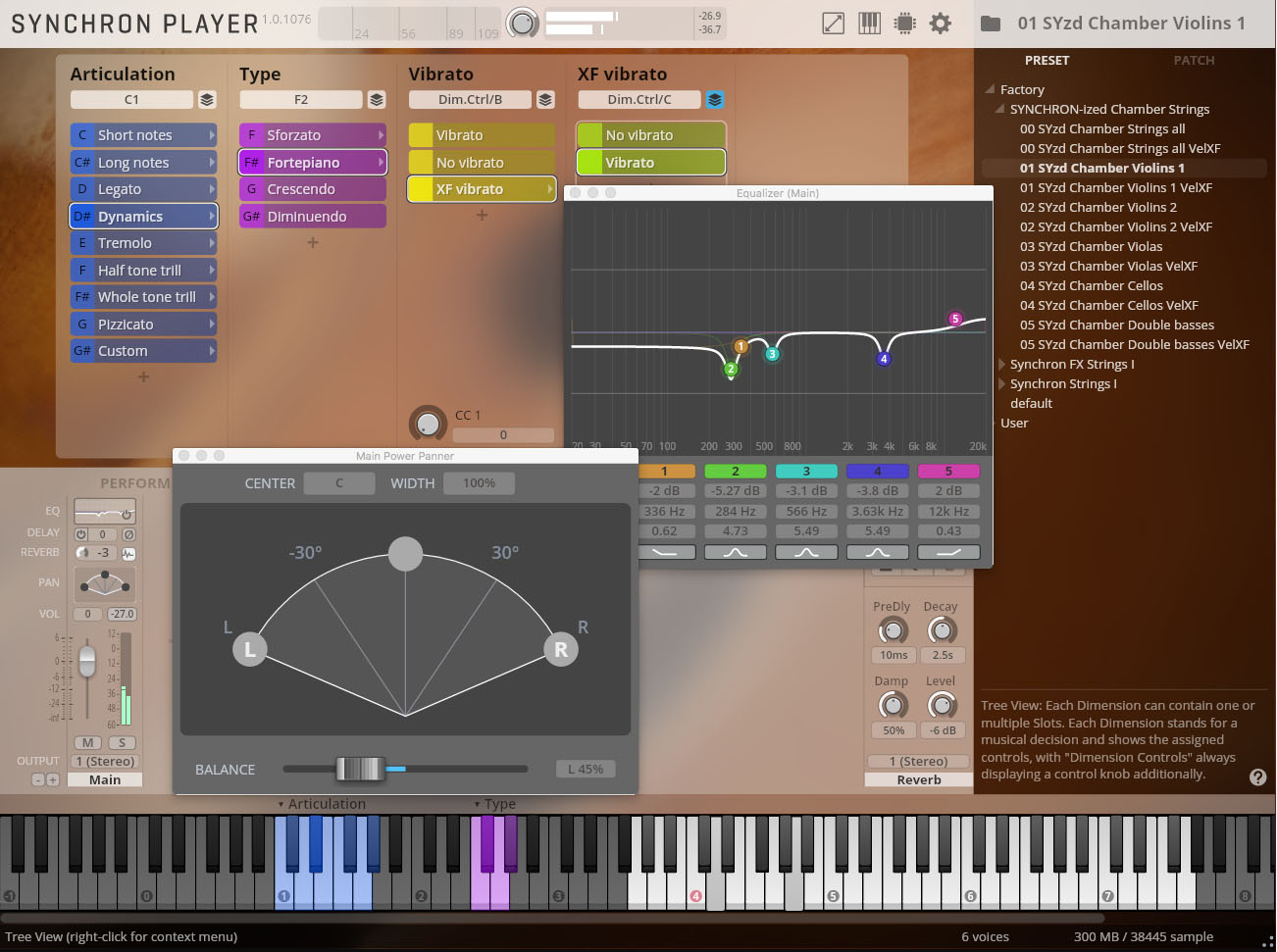 Synchron Player software interface showing sound articulation, vibrato, equalizer, and pan controls, with a virtual keyboard, for Chamber Violins 1 instrument.