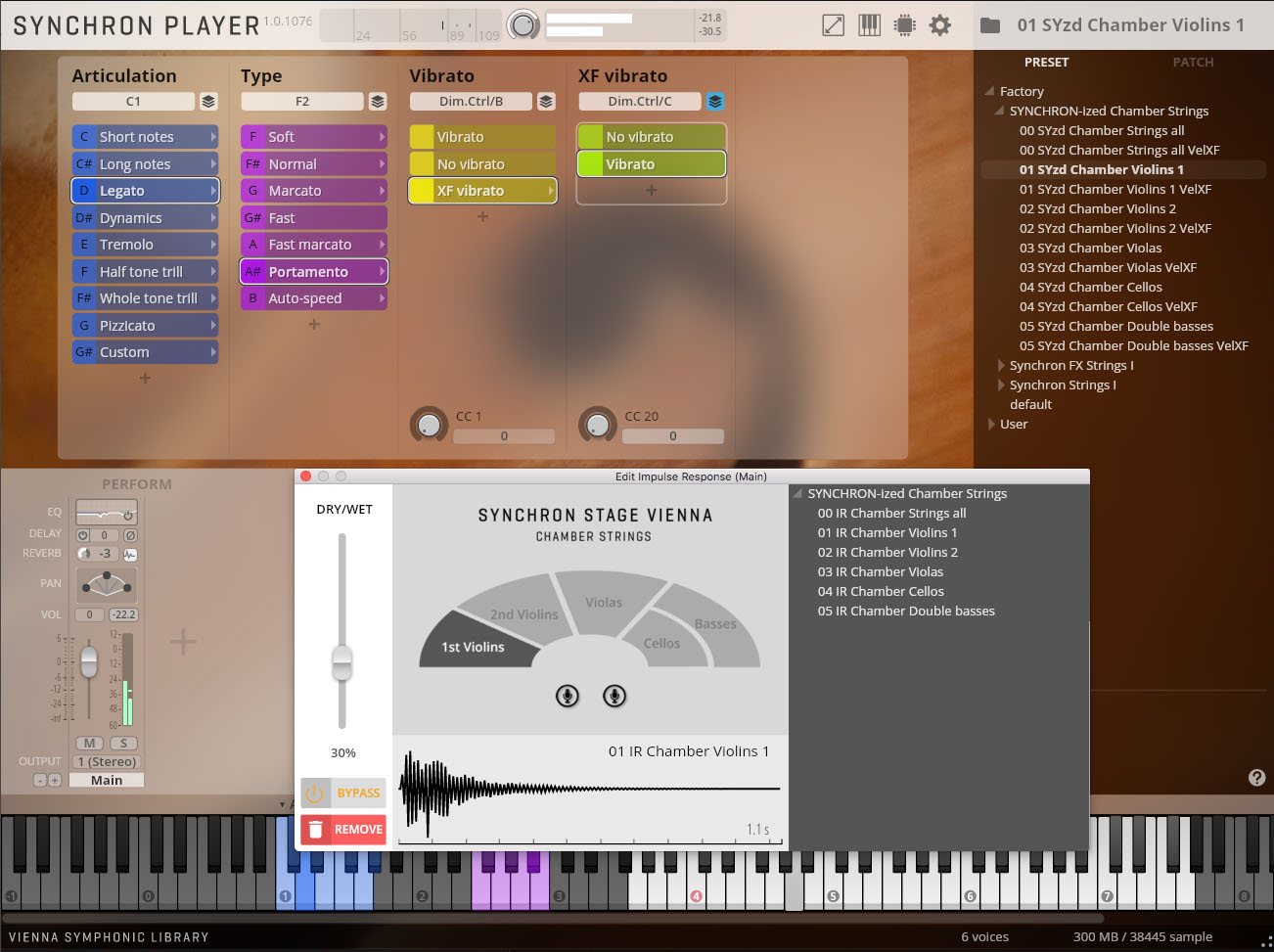 Screenshot of the Synchron Player software interface, showing controls for articulation, type, vibrato, and an impulse response editor for chamber strings with sections for 1st Violins, 2nd Violins, Violas, Cellos, and Basses, along with preset options for Synchronized Chamber Strings.