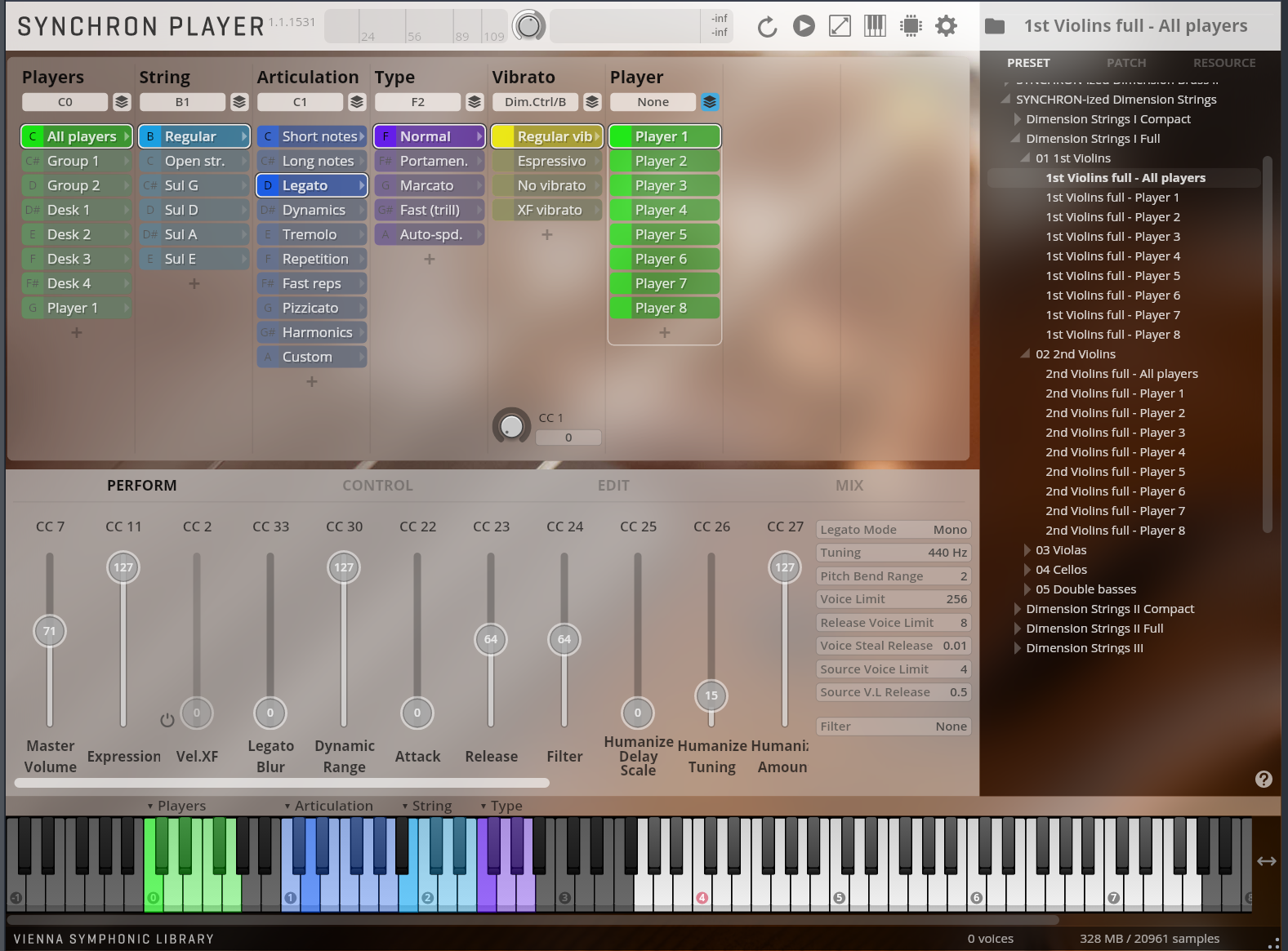 A screenshot of Vienna Symphonic Library's Synchron Player software interface, showing various parameters for orchestral sounds, including Players, String, Articulation, Type, and Vibrato, alongside a piano keyboard, sound level sliders, and a sound preset list with options like 1st Violins full - All players.