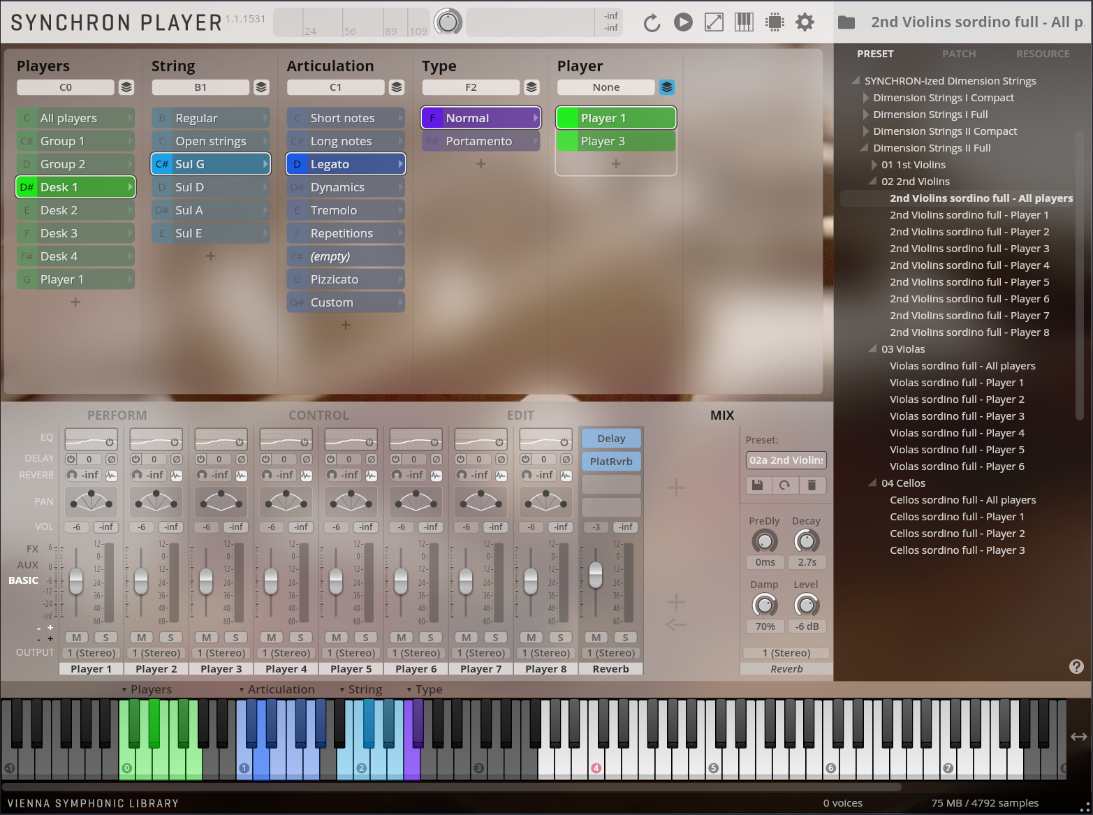 Screenshot of the Vienna Symphonic Library Synchron Player software interface, displaying various settings for virtual instruments. The main view shows Players, String, Articulation, Type, and Player selections, with Desk 1, Sul G, Legato, and Normal highlighted. Below are Perform, Control, and Edit sections with sliders and knobs, and a Mix section with 02a 2nd Violins preset selected. A sidebar on the right lists Preset, Patch, and Resource options, showing a hierarchy of dimension strings, violins, violas, and cellos. At the bottom, a virtual keyboard is visible, with green keys for players, light blue for string, dark blue for articulation, and purple for type.