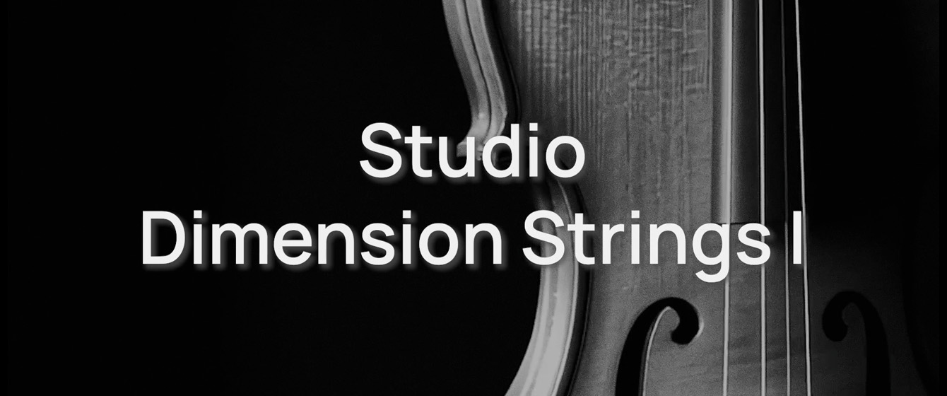 Black and white image with the text Studio Dimension Strings I overlaid on a cello, depicting the instrument's f-holes and lower bout.