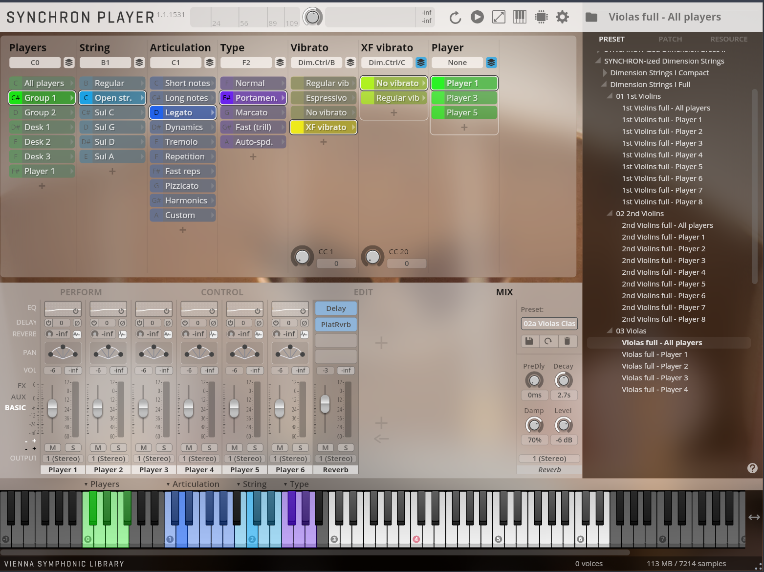 Synchron Player interface showing violas full-all players preset, with controls for articulations, string type, vibrato, and a piano keyboard at the bottom.