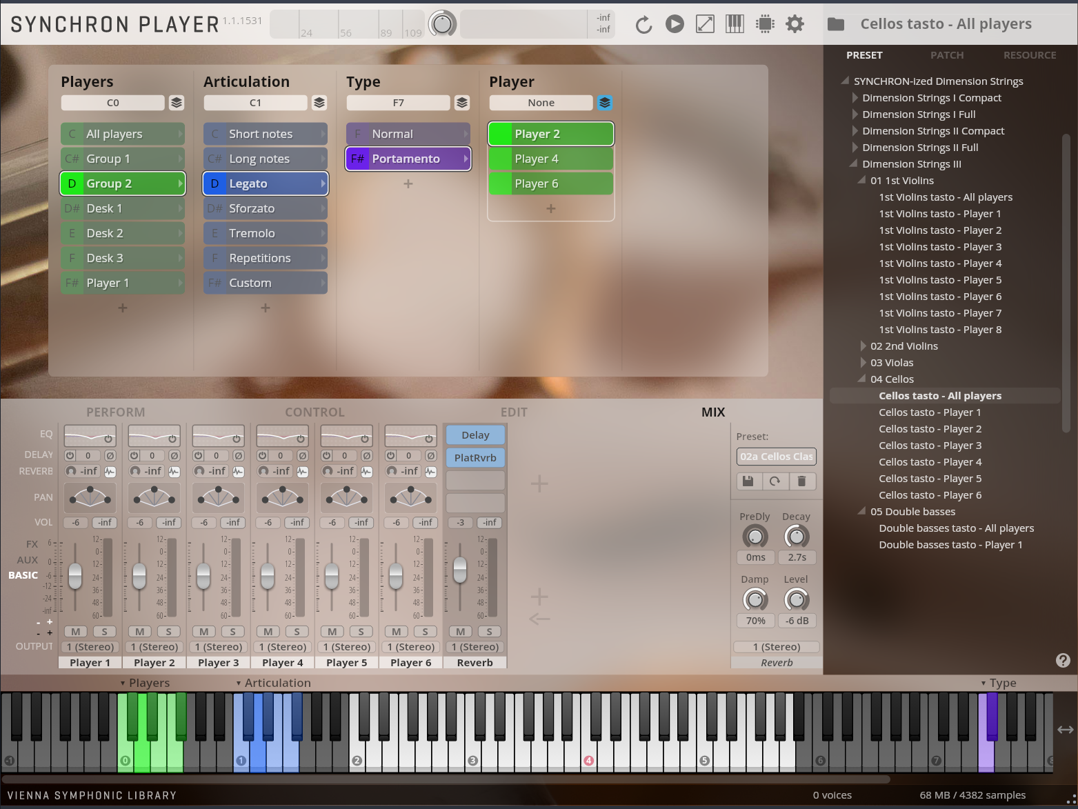 Screenshot of Synchron Player, a digital audio workstation (DAW) interface, showing instrument selection, articulation controls, effects rack, and master mixer with a keyboard at the bottom.