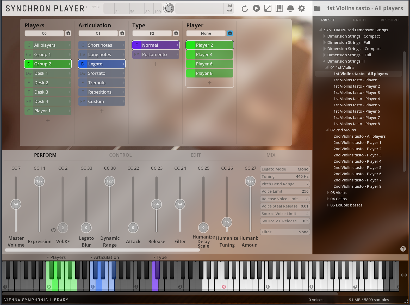 A screenshot of the Vienna Symphonic Library Synchron Player software interface, displaying various settings for instrument articulation, player assignment, and effects. The 1st Violins tasto - All players preset is selected, showing options for individual violin players and articulation types like legato and normal. Performance controls, including master volume and attack/release envelopes, are visible below, along with a virtual keyboard showcasing different zones.