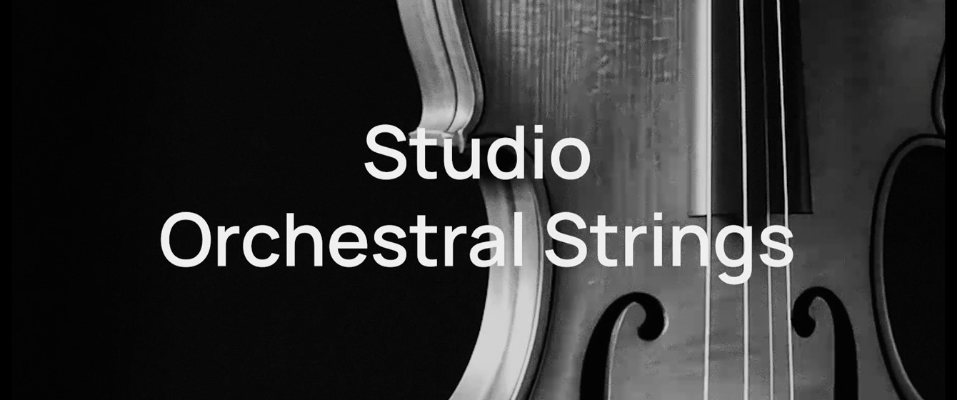 Black and white image of an orchestral string instrument, possibly a cello or bass, with the text Studio Orchestral Strings overlaid, signifying a music production or sample library related to string instruments.