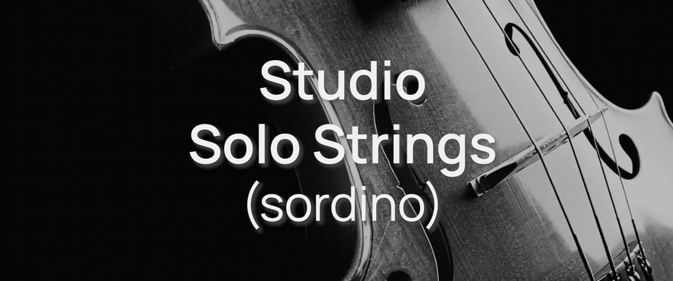 Black and white image of a string instrument, likely a violin or cello, with the text Studio Solo Strings (sordino) overlayed.