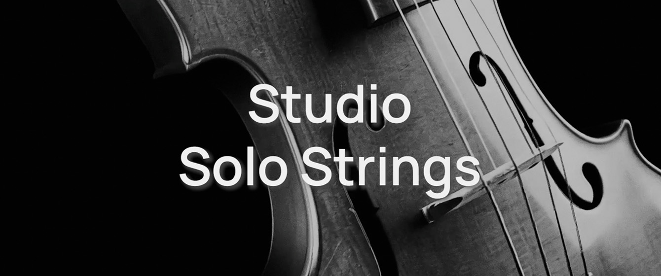 Black and white image of a string instrument, possibly a cello or double bass, with the words Studio Solo Strings overlaid in white text.