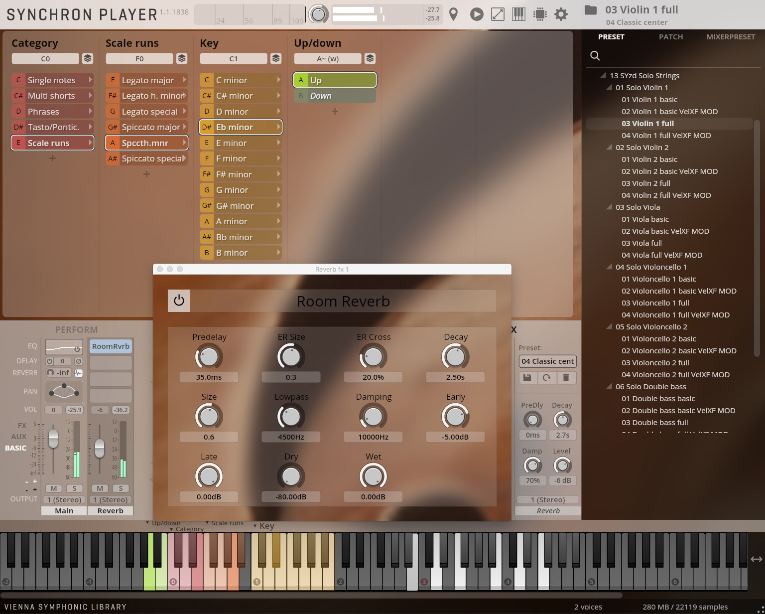 Screenshot of the Synchron Player software interface, showing sound category, scale, key, and reverb settings.