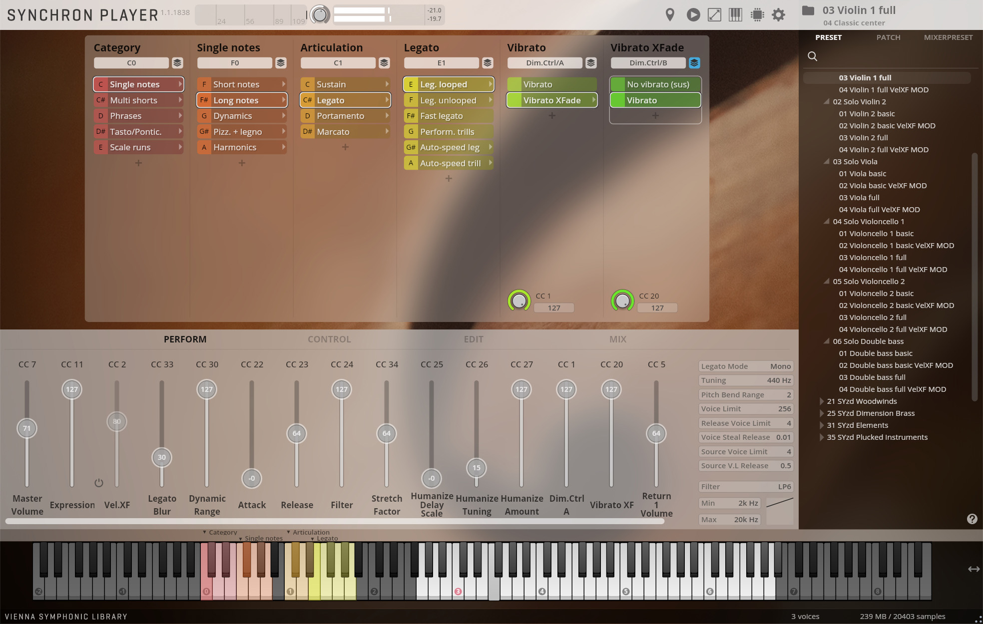 Screenshot of the Vienna Symphonic Library Synchron Player software interface, displaying various parameters for sound manipulation including categories, single notes, articulation, legato, vibrato, and vibrato crossfade settings, with Violin 1 full selected in the preset list and an array of control knobs and sliders.