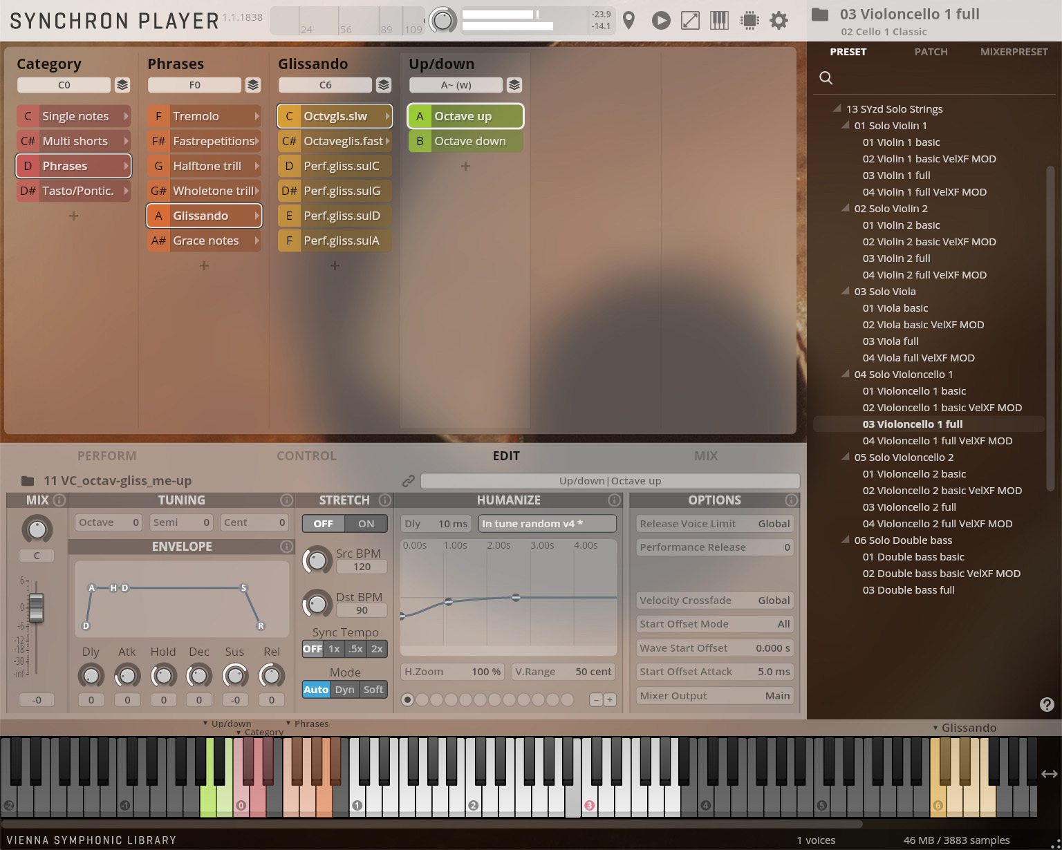 Screenshot of Synchron Player software showing instrument full interface, categories, phrases, glissando, up/down sections, and Violoncello 1 full instrument selected in the preset browser.