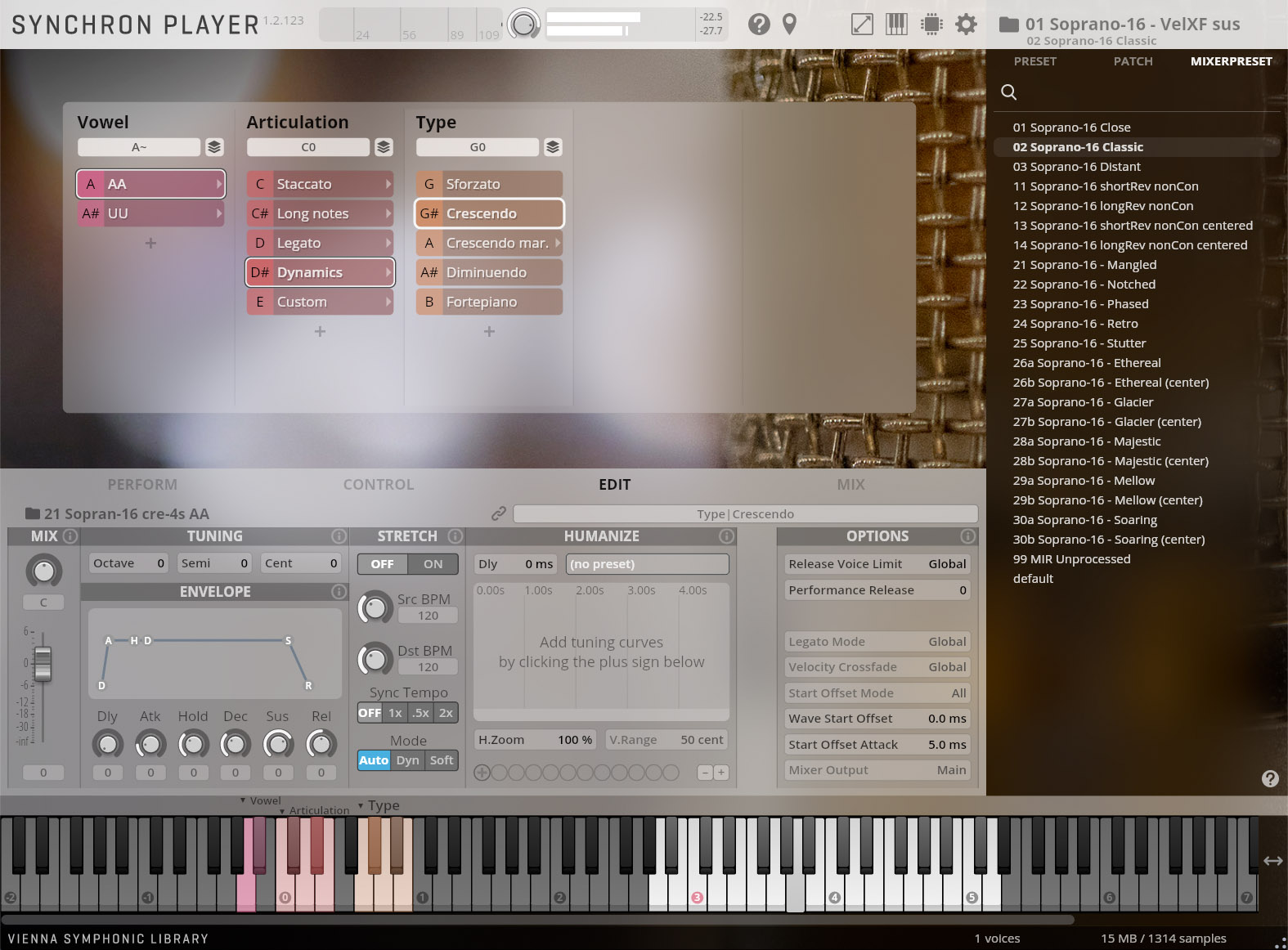 Screenshot of the Synchron Player software interface, showing detailed controls for Vowel, Articulation, Type, Tuning, Stretch, Humanize, and Options, with G# Crescendo selected under 'Type' and '02 Soprano-16 Classic' highlighted in the preset list.
