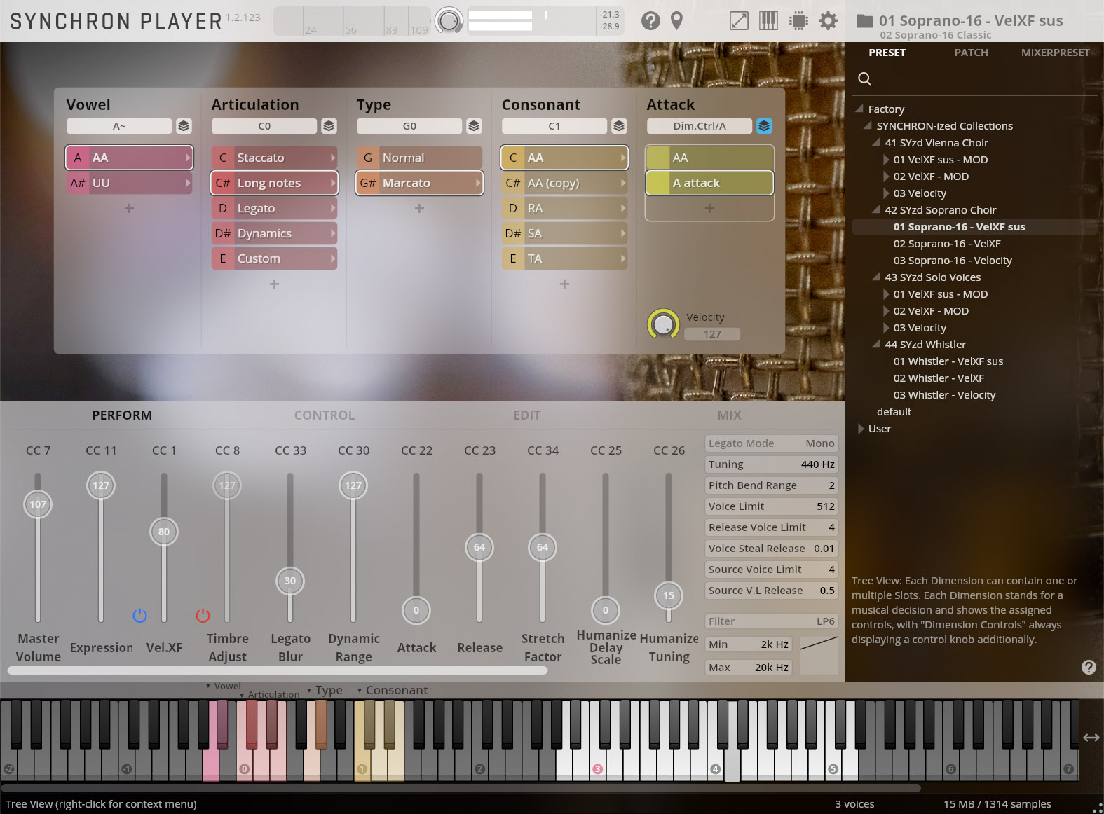 Software interface for SYNCHRON PLAYER 1.2.123, showing various sound manipulation controls for Soprano-16 - VelXF sus, including Vowel, Articulation, Type, Consonant, Attack, Perform, Control, Edit, and Mix sections, with a piano keyboard at the bottom.