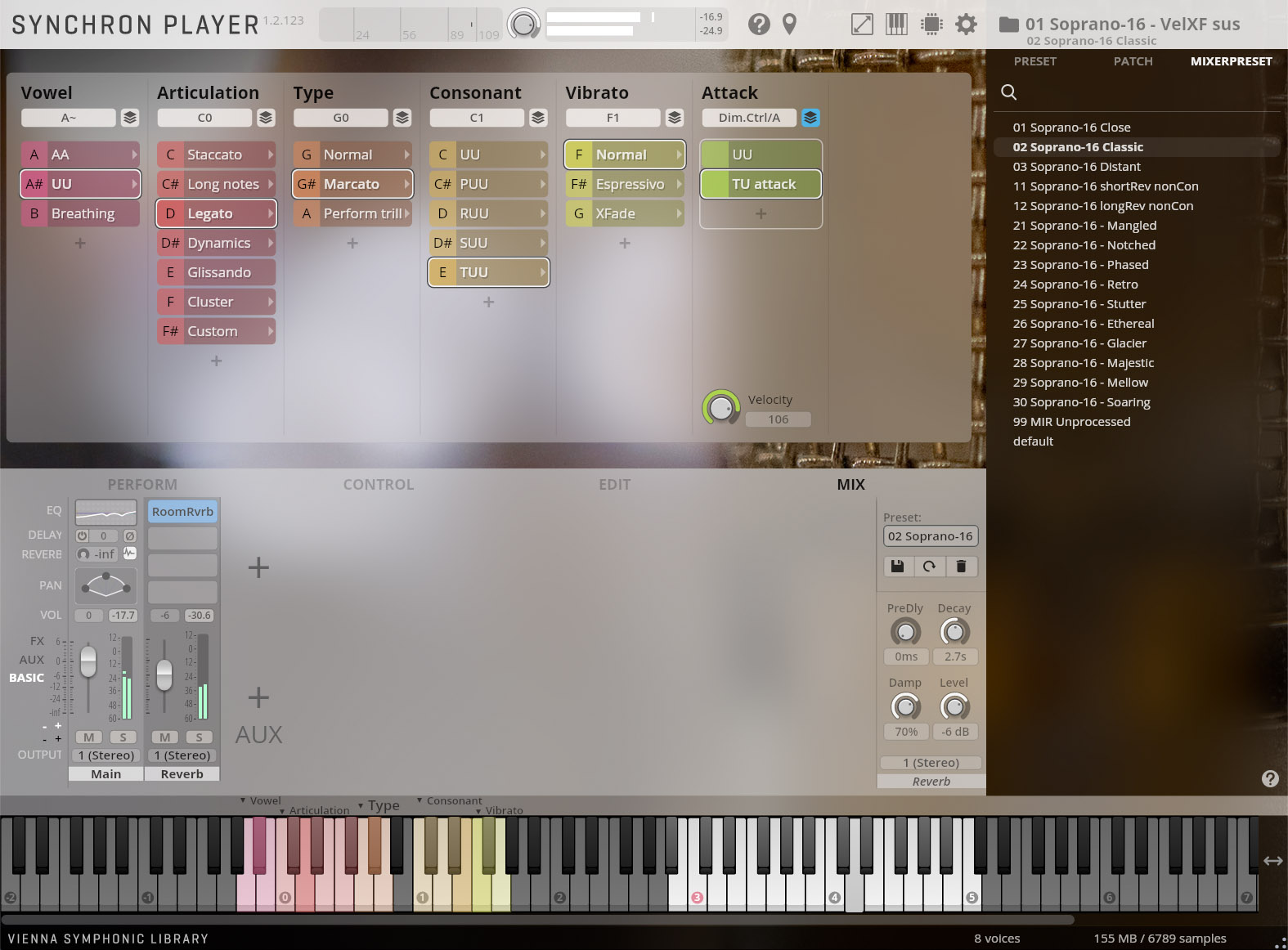 Full screenshot of Synchron Player, a virtual instrument plugin for music production, displaying the user interface with controls for Vowel, Articulation, Type, Consonant, Vibrato, and Attack parameters, along with performance, control, edit, and mix sections, and a virtual piano keyboard at the bottom.