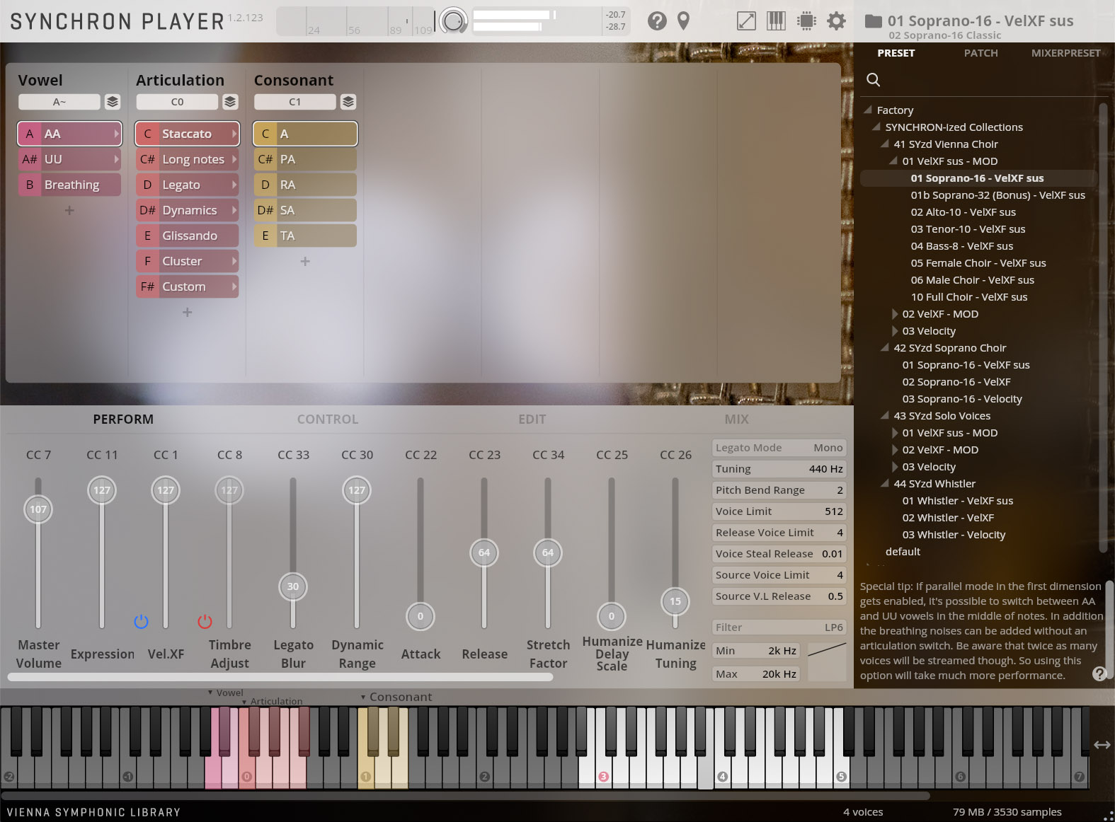 Synchron Player software interface featuring sound parameters for Vowel, Articulation, Consonant, and performance controls, with a preset list showing Soprano voices.