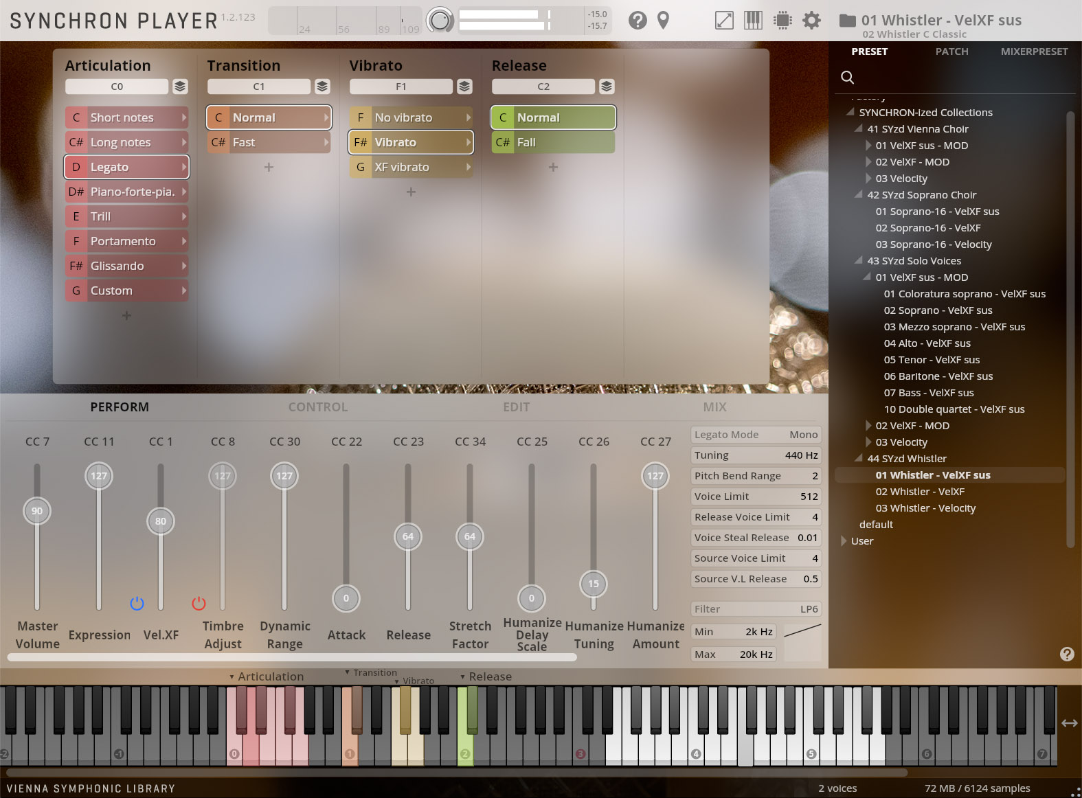 Vienna Symphonic Library Synchron Player software interface, displaying articulation, transition, vibrato, release, and mixing controls, with a virtual keyboard at the bottom.