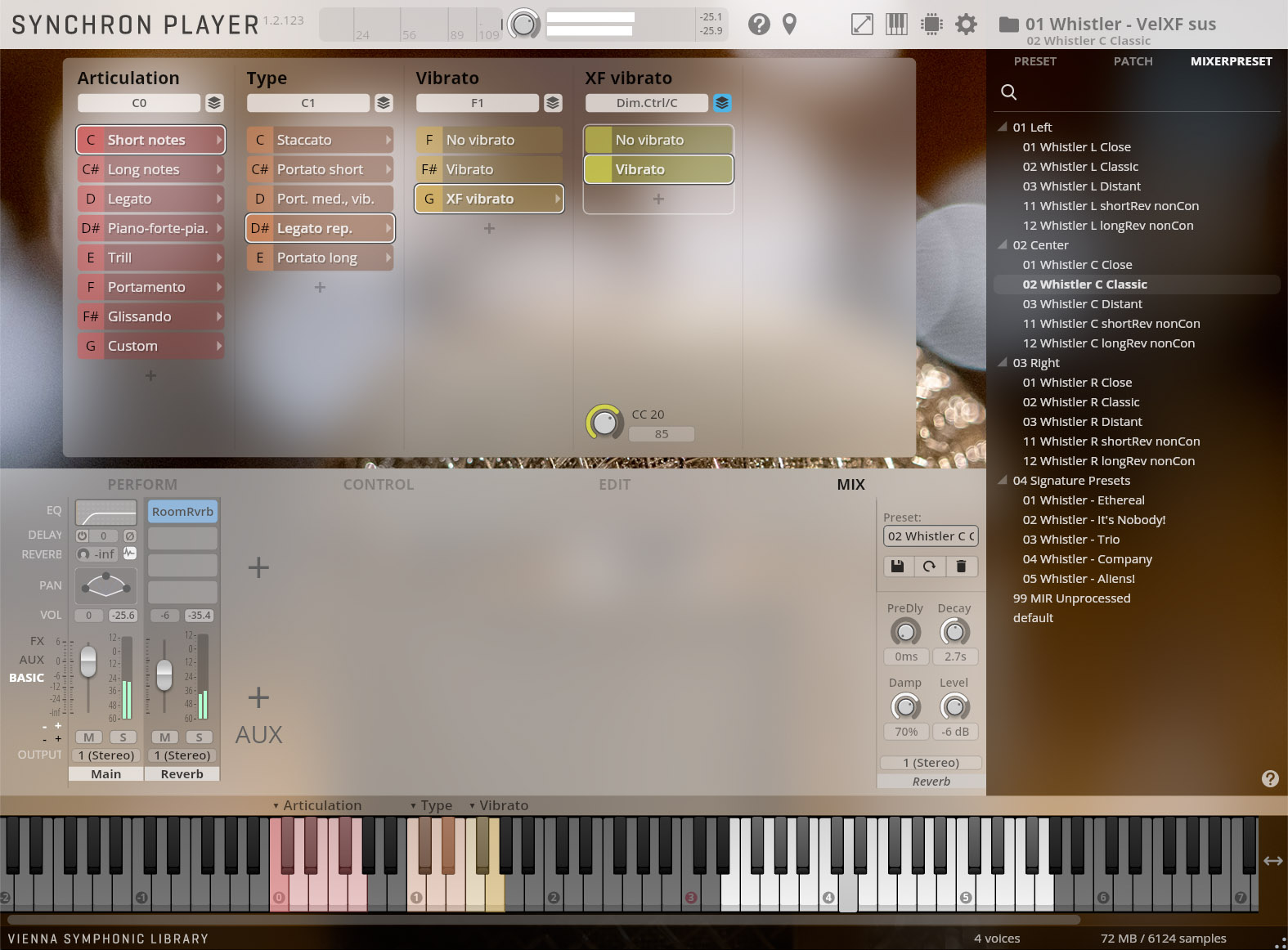 Screenshot of Synchron Player software interface, displaying instrument articulation, type, and vibrato controls, along with mixing console and piano keyboard for Vienna Symphonic Library.