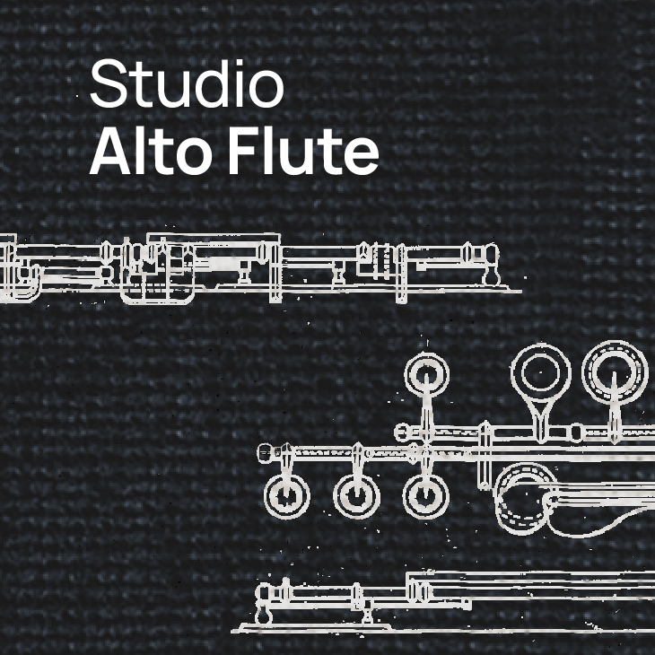 Studio Alto Flute product image with white text on a dark textured background, featuring technical line drawings of a flute.