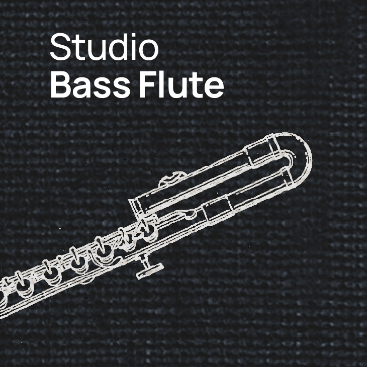 White line drawing of a bass flute with the text Studio Bass Flute on a dark textured background.