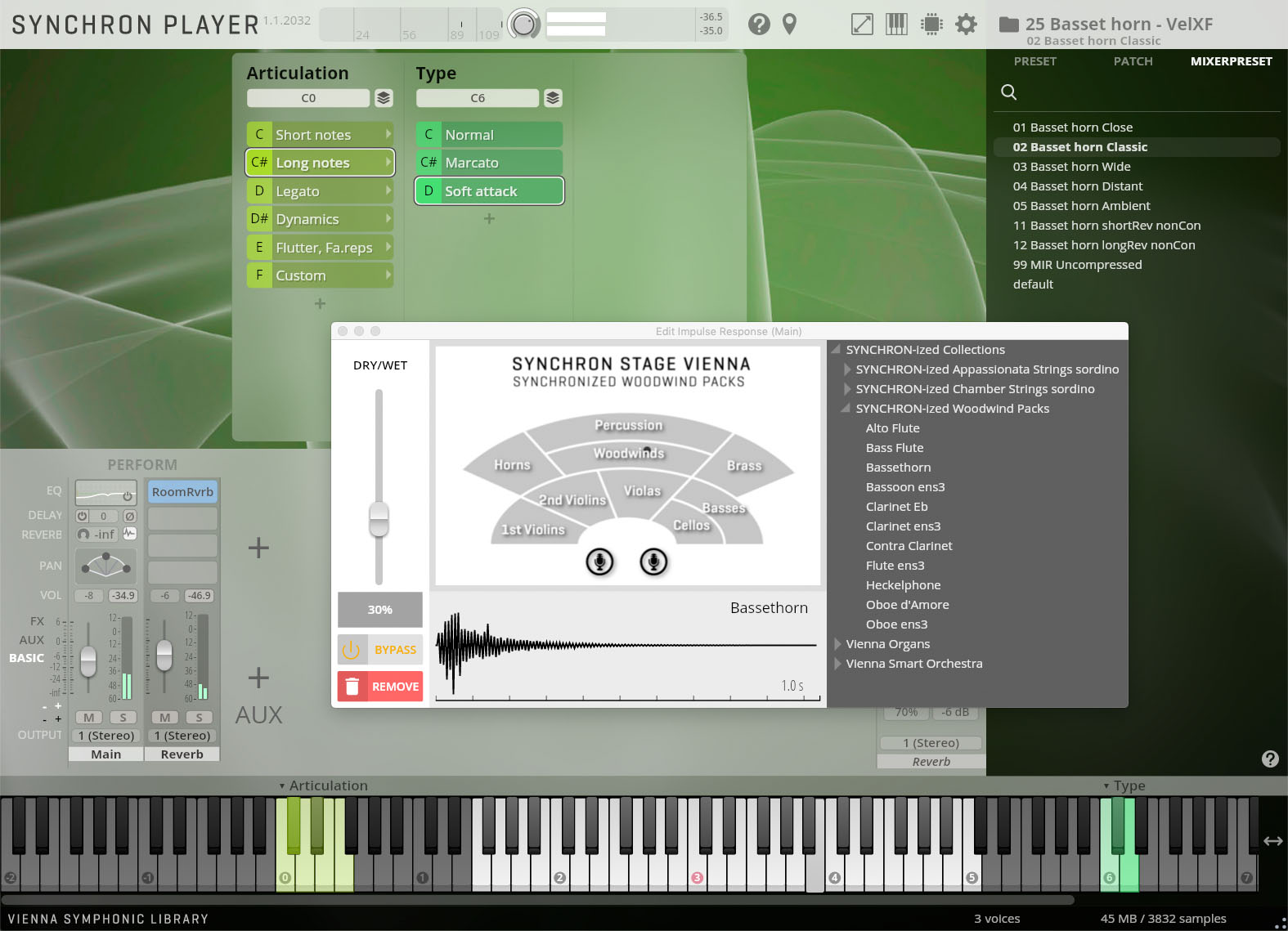Screenshot of the Synchron Player user interface displaying the Synchronized Woodwind Packs with Bassethorn selected, showing various articulations, performance controls, and instrument presets.