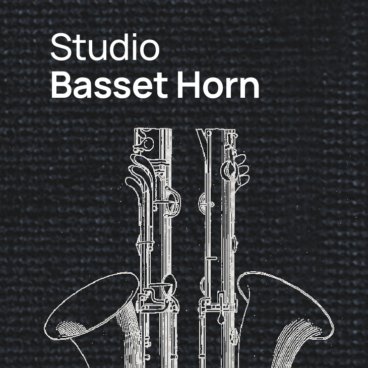 Studio Basset Horn product image featuring a detailed line drawing of a basset horn musical instrument on a dark background.