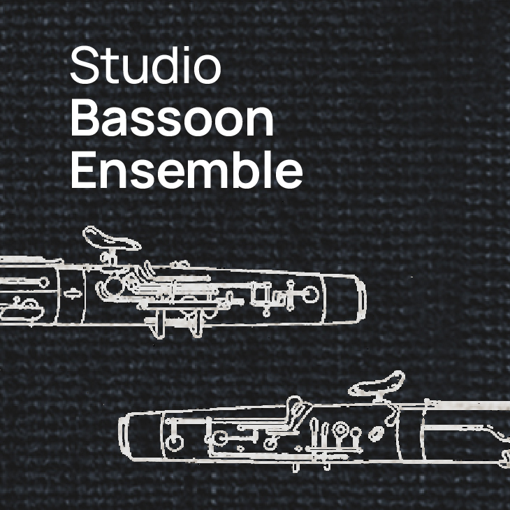 Black background with text Studio Bassoon Ensemble in white over two white line drawings of bassoons.