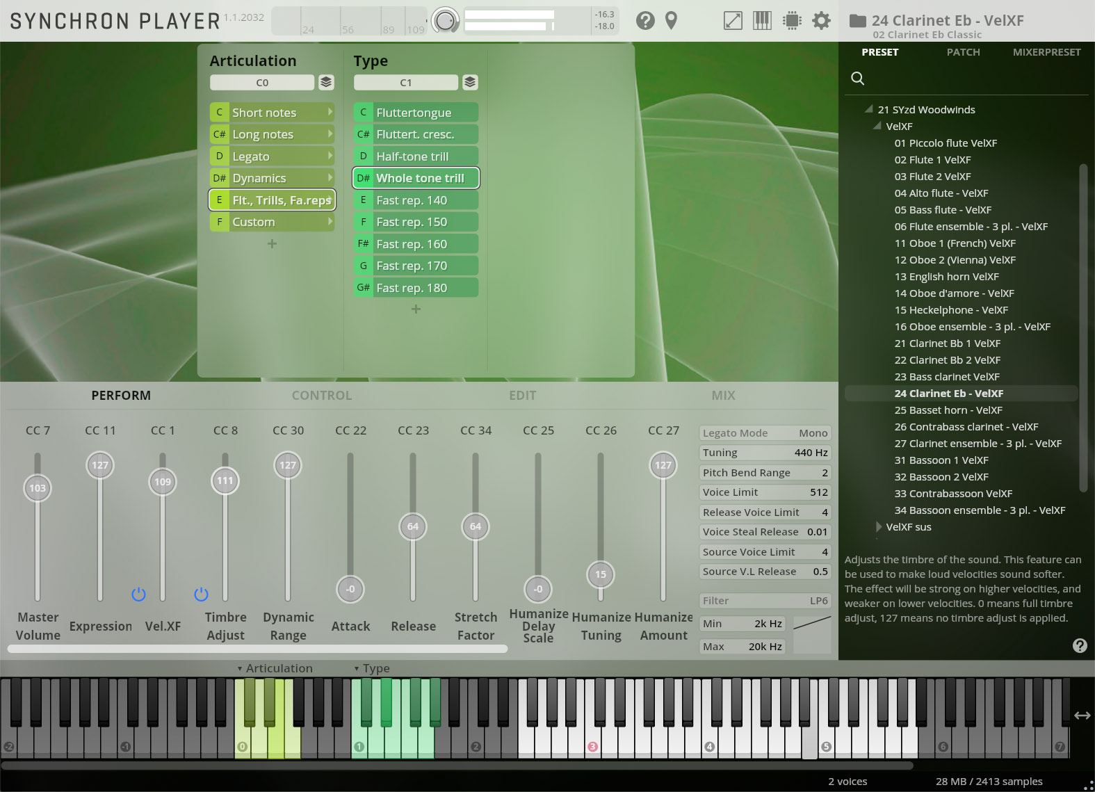 A screenshot of the SYNCHRON PLAYER virtual instrument interface, displaying Clarinet Eb - VelXF with articulations C0 (Short notes, Long notes, Legato, Dynamics, Flt., Trills, Fa.reps, Custom) and C1 (Fluttertongue, Fluttert. cresc., Half-tone trill, Whole tone trill, Fast rep. 140, 150, 160, 170, 180) selected, alongside Perform, Control, Edit, and Mix parameters and a virtual keyboard at the bottom.