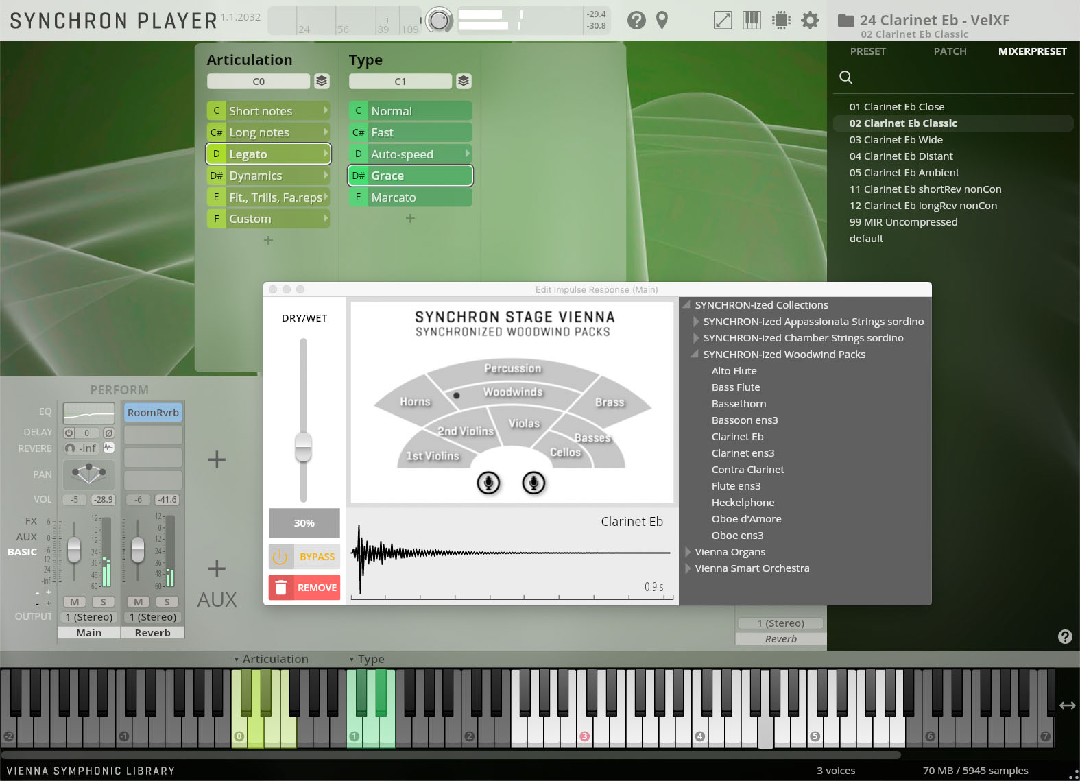 User interface of the Synchron Player music software showing articulation and type selection, mixer with reverb and pan controls, and a list of synchronized woodwind instrument presets including Clarinet Eb.