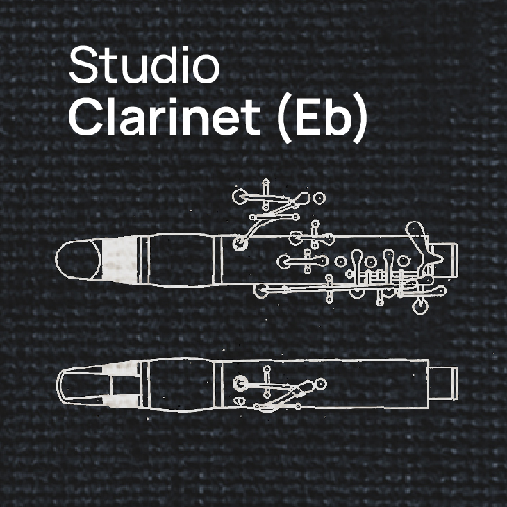 Diagram of an Eb clarinet keys and body with text Studio Clarinet (Eb).