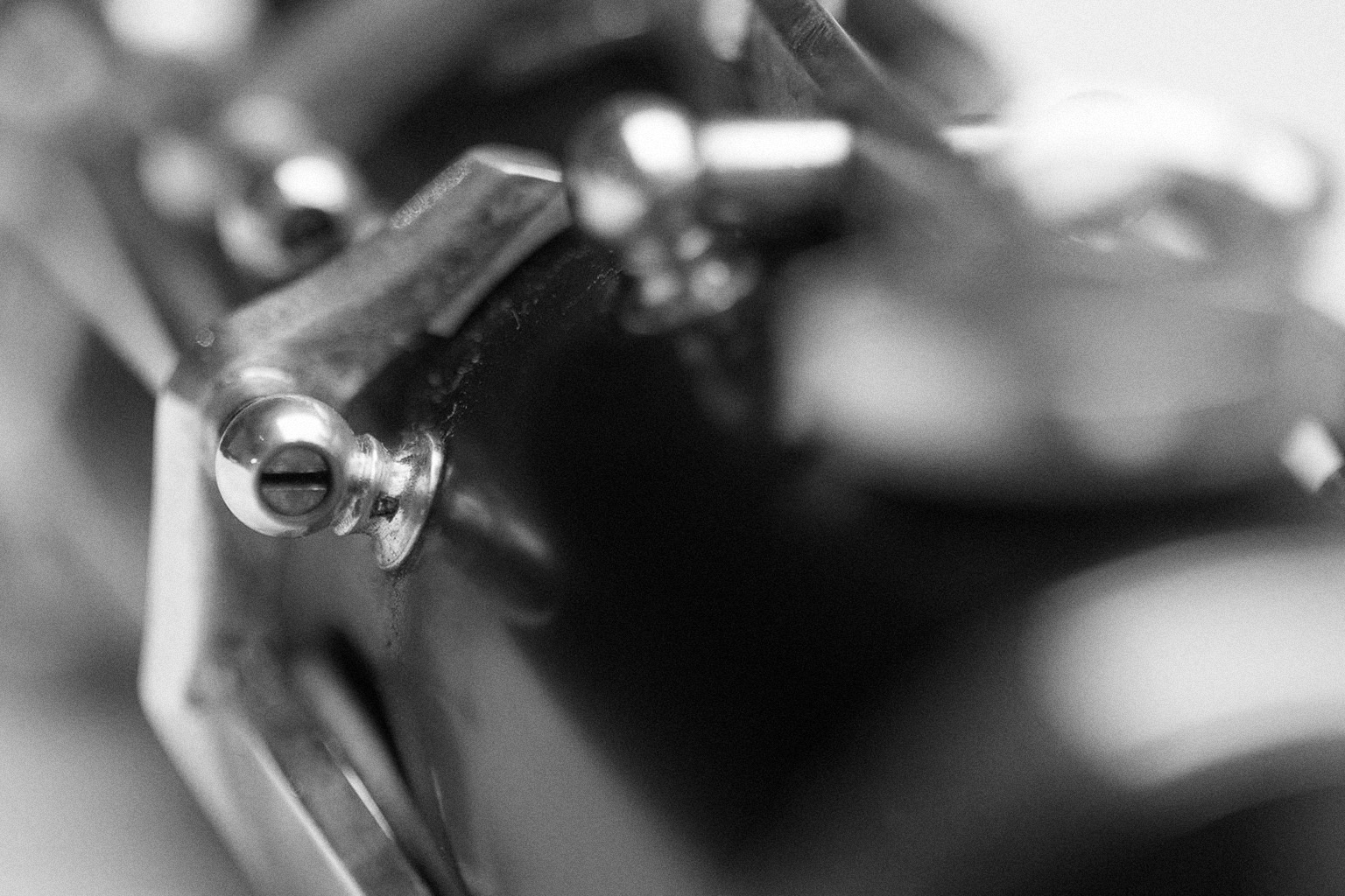 Monochrome close-up of a vintage musical instrument, showcasing a shiny metal part with a visible screw head, and blurred background elements.