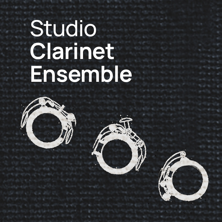 Image with text Studio Clarinet Ensemble and three abstract circular designs possibly representing clarinet keys on a dark textured background.
