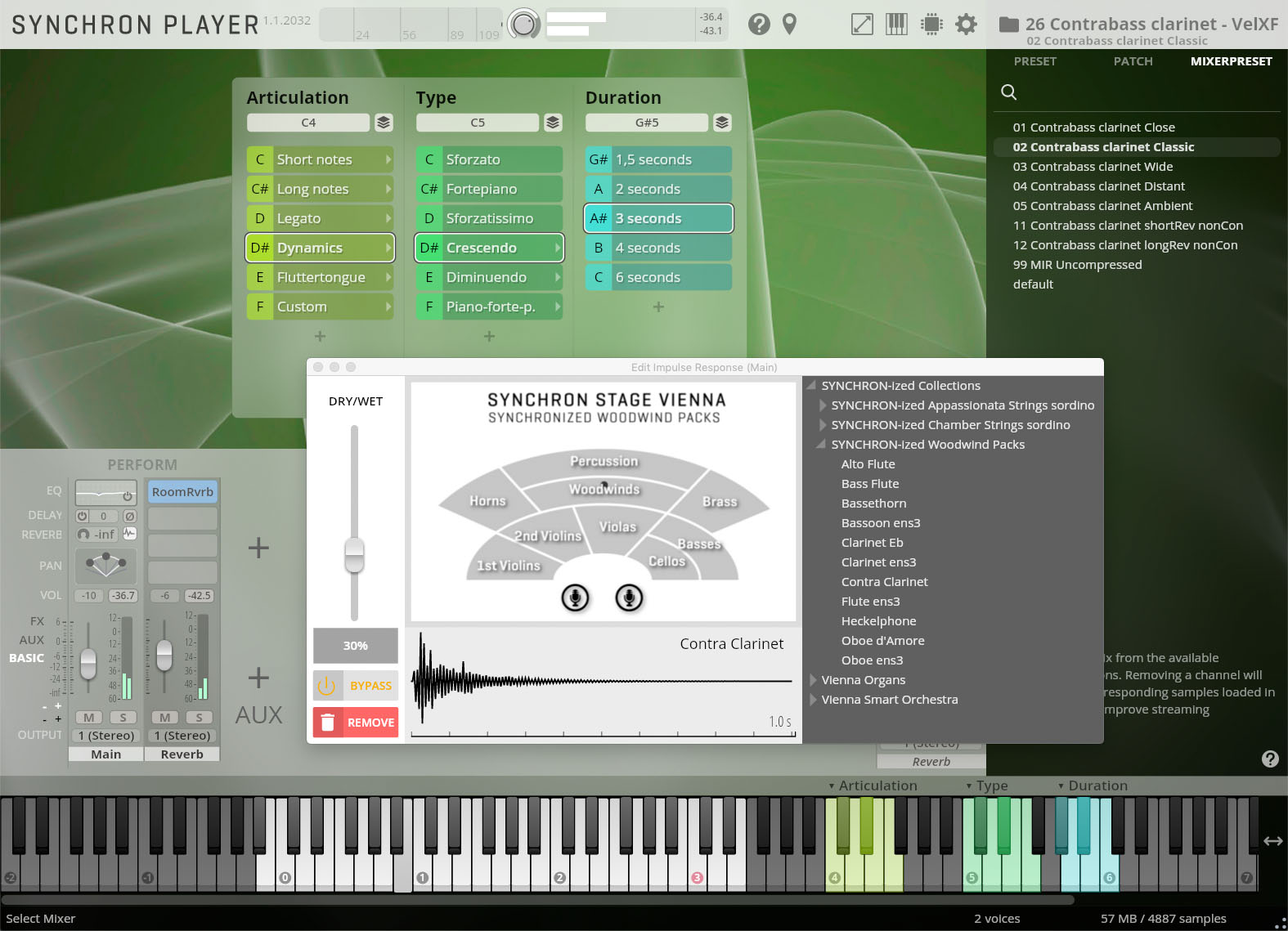User interface of the Synchron Player music software displaying articulation, type, and duration settings, with Contra Clarinet Classic selected as the instrument.