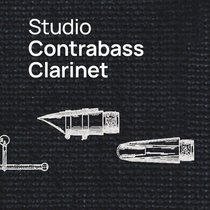 Text overlay Studio Contrabass Clarinet, with line art illustrations of clarinet components and a mouthpiece on a dark textured background.