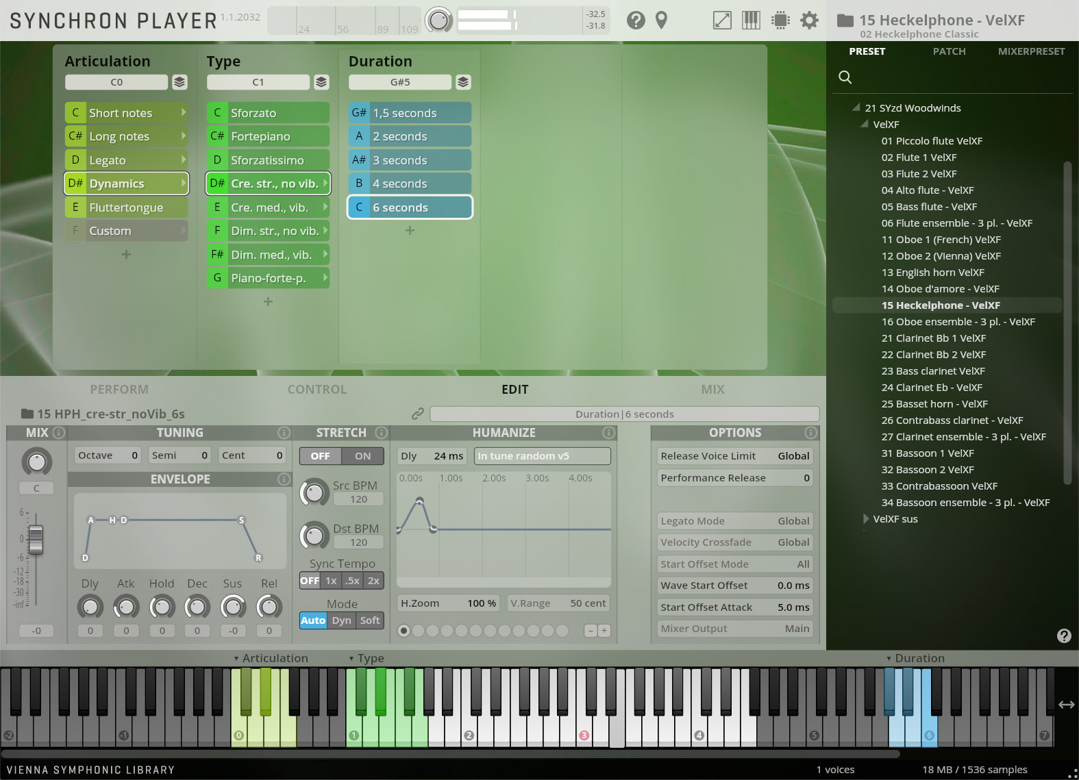 A screenshot of the Vienna Symphonic Library Synchron Player software interface, showing detailed controls for articulation, type, duration, humanize, stretch, and options for the Heckelphone instrument, along with a virtual piano keyboard at the bottom.