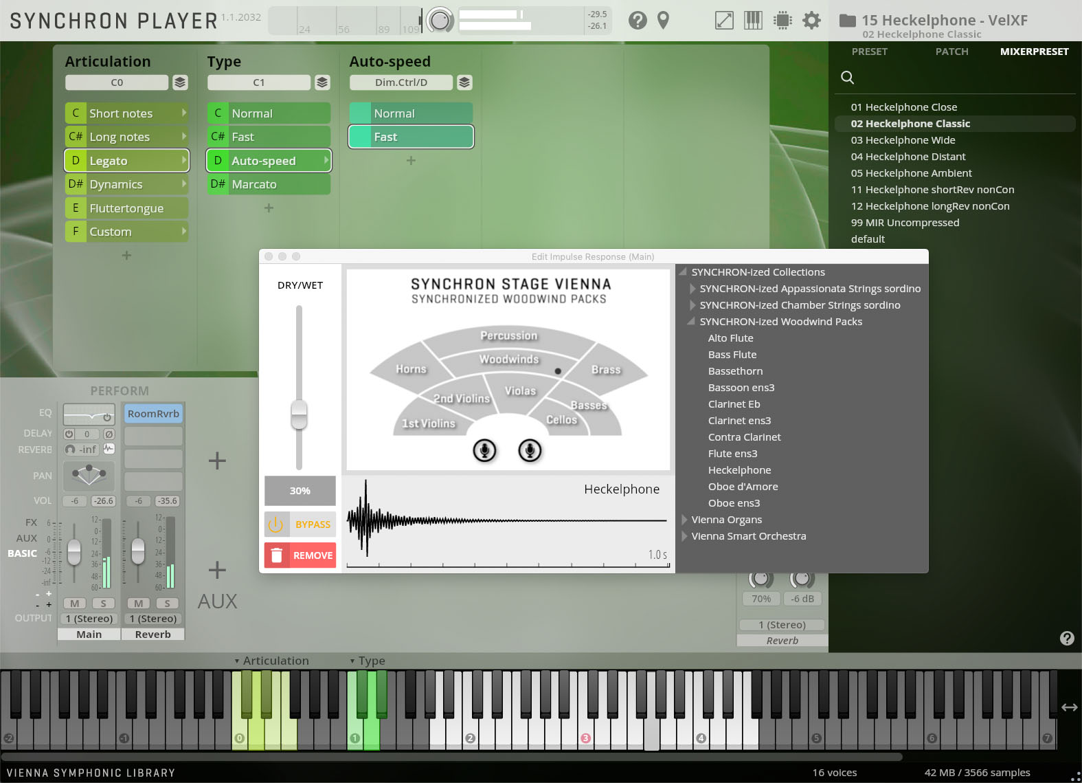 Screenshot of the Synchron Player software interface, displaying various controls for instrument articulation, type, autospeed, performance, effects, and mixing. The central panel highlights the Synchron Stage Vienna Synchronized Woodwind Packs, with Heckelphone selected and various microphone positions shown. The bottom section features a virtual keyboard.