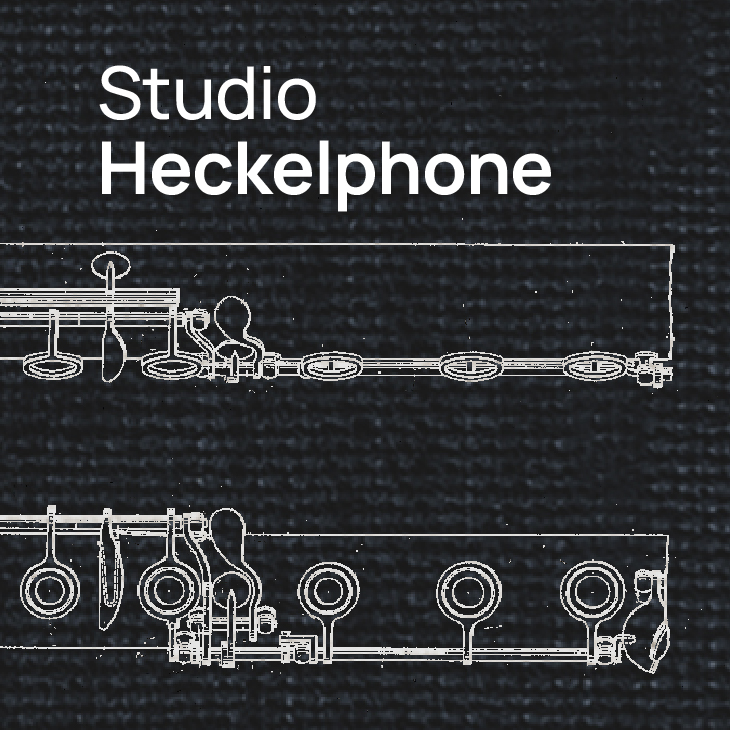 Studio Heckelphone text overlaying a technical drawing illustration of a wind instrument's keys and rods against a dark textured background.