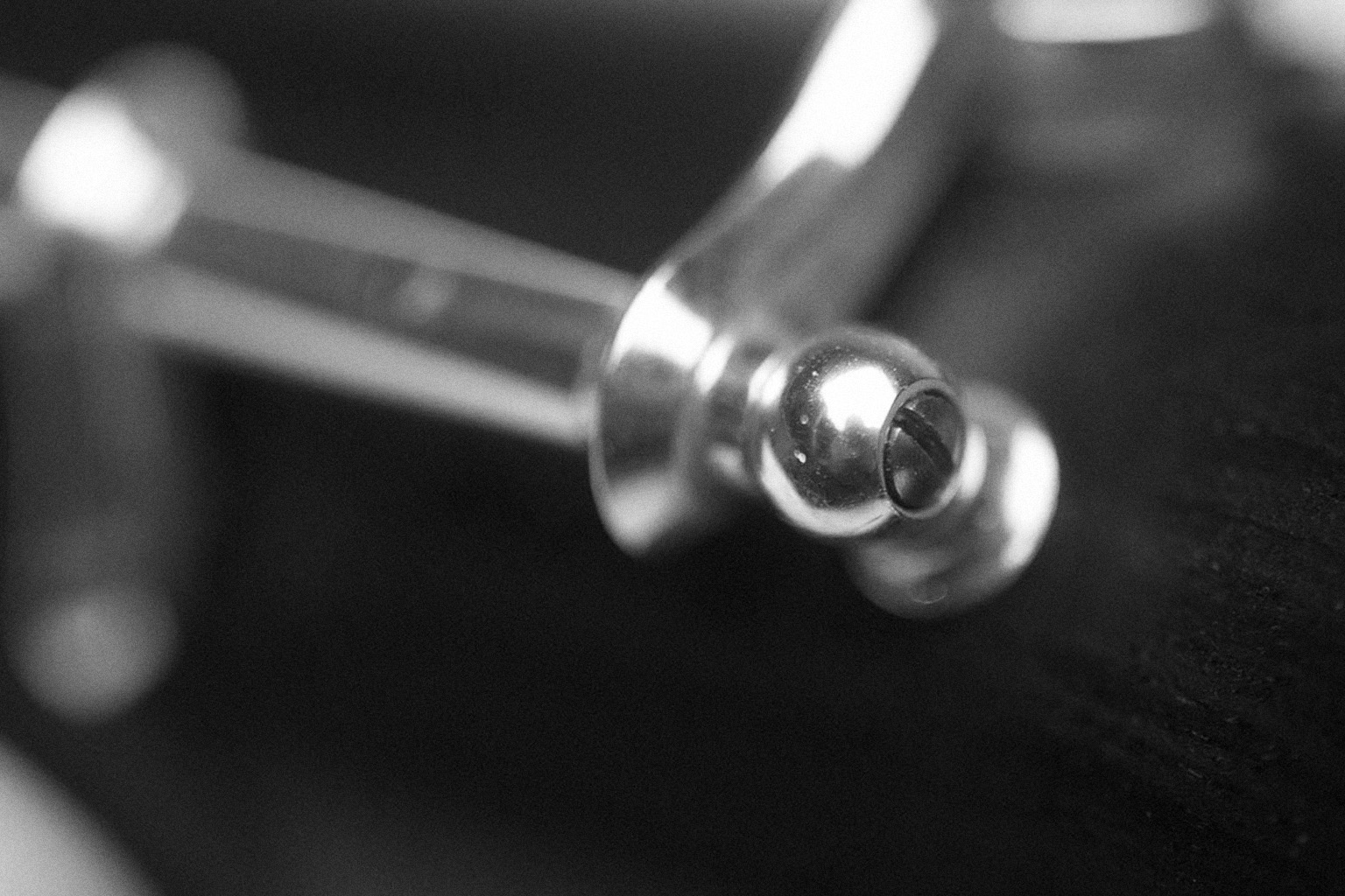 Close-up black and white shot of a shiny metal musical instrument key or part with a visible screw head, soft focus background.