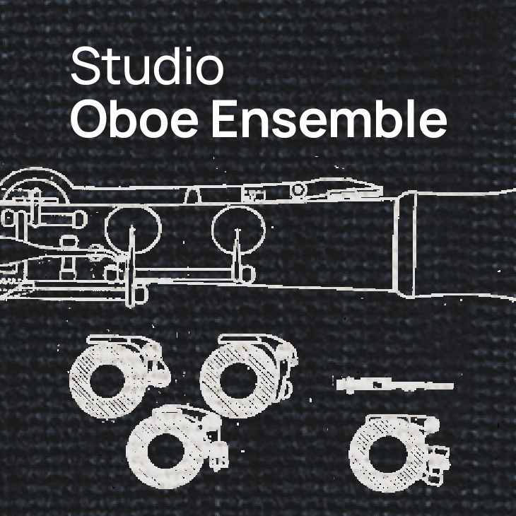 Studio Oboe Ensemble text over a schematic drawing of an oboe and its parts