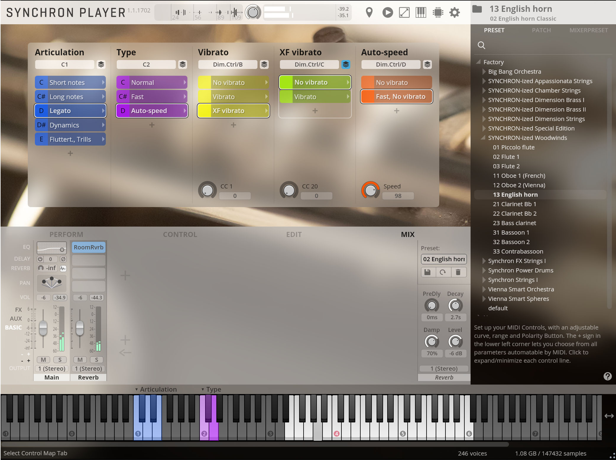 Digital audio workstation interface displaying the Synchron Player with English horn instrument selected, showing articulation, type, vibrato settings, and a piano roll keyboard.