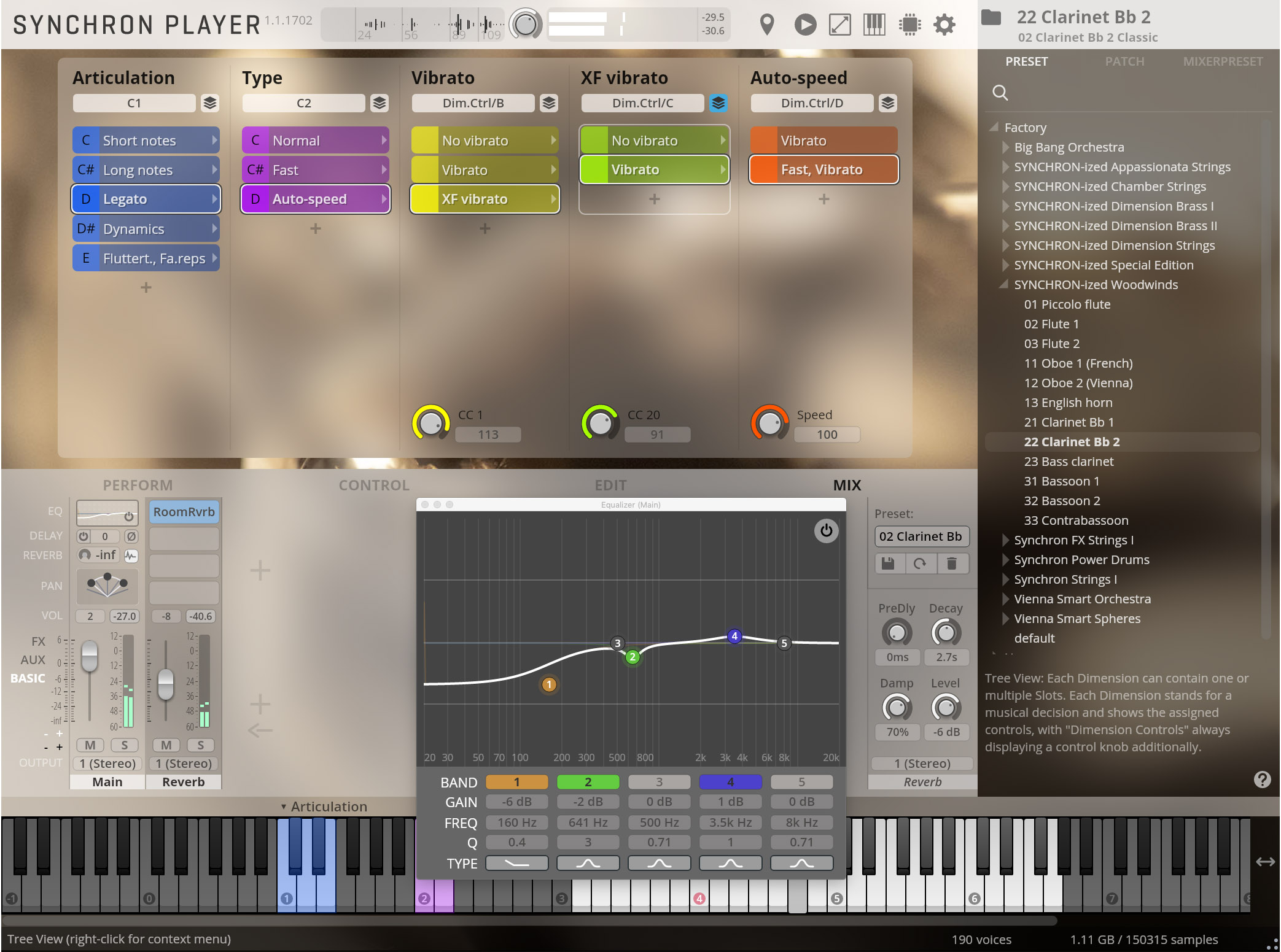 Software interface for SYNCHRON PLAYER 1.1.1702, displaying articulation, type, vibrato, and auto-speed settings, along with performance, control, edit equalizer, and mix panels for sound manipulation of Clarenet Bb 2.