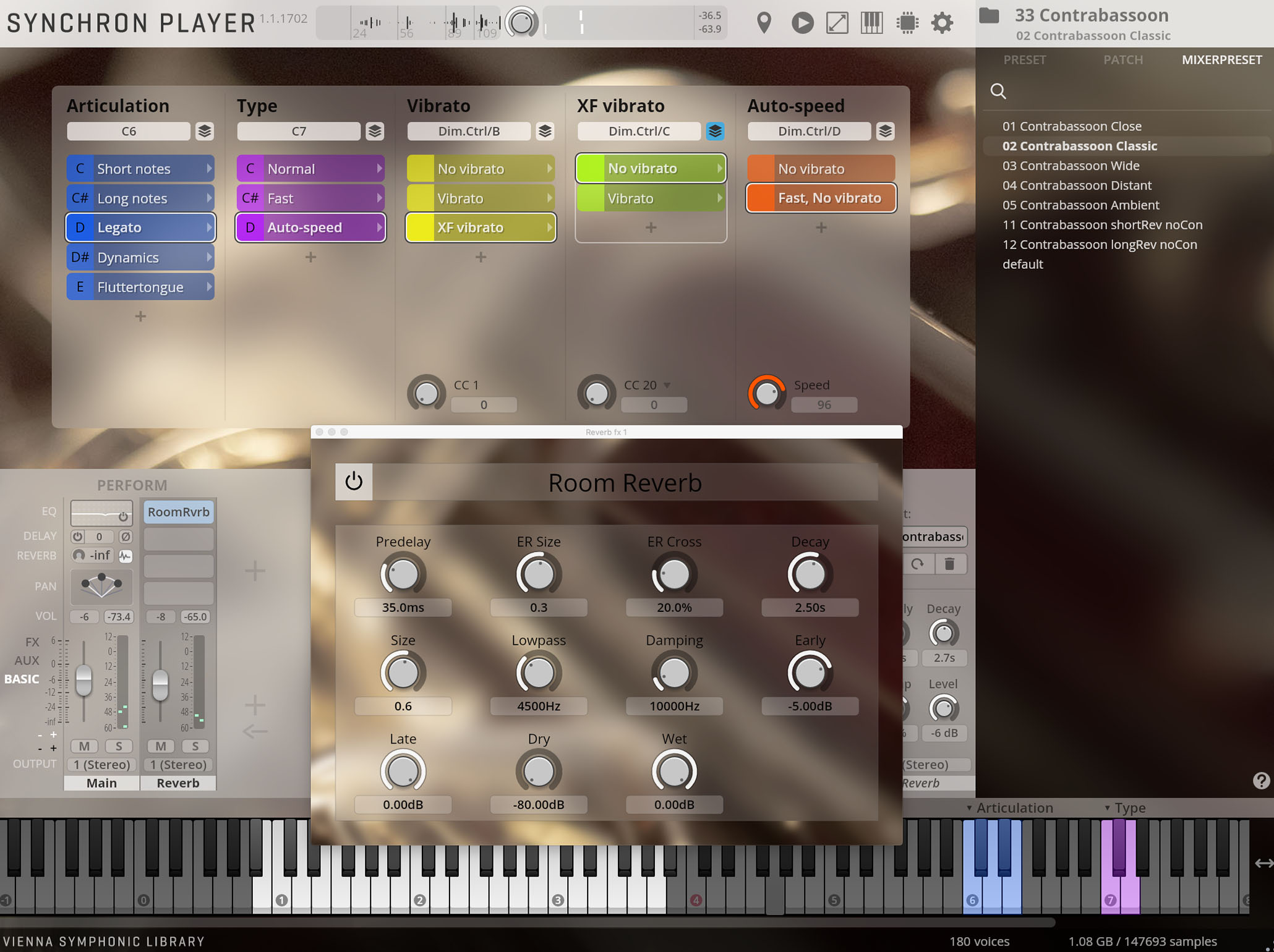 Vienna Symphonic Library Synchron Player software interface showing sound articulation, vibrato, room reverb, and contrabassoon instrument settings.
