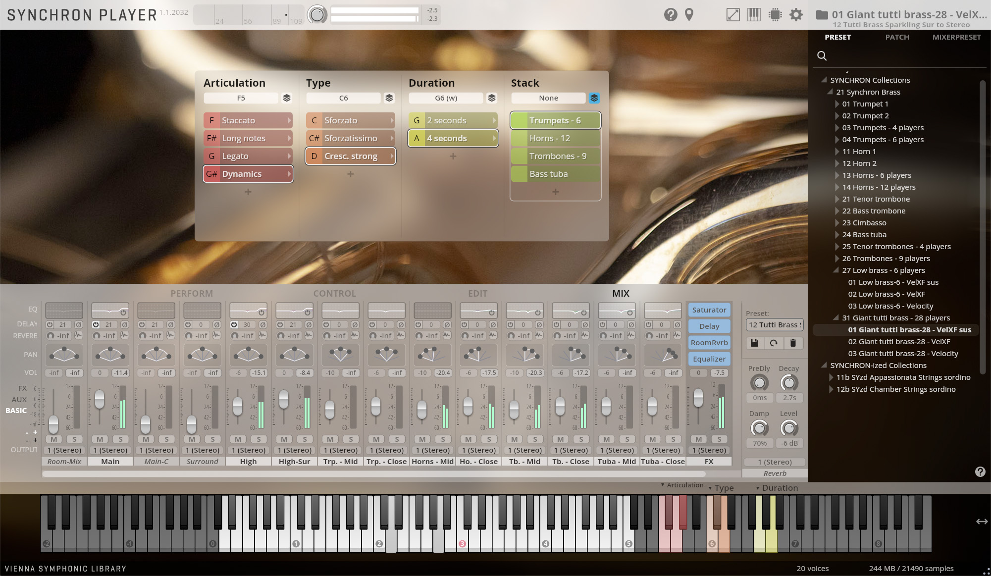 Synchron Player software interface showing music articulation, type, duration, and instrument stack settings for brass instruments, with mixer controls and a virtual keyboard.