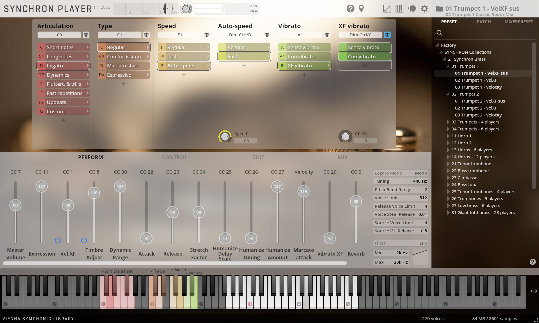 Screenshot of the Synchron Player user interface displaying articulation, speed, vibrato, and trumpet instrument selection options.
