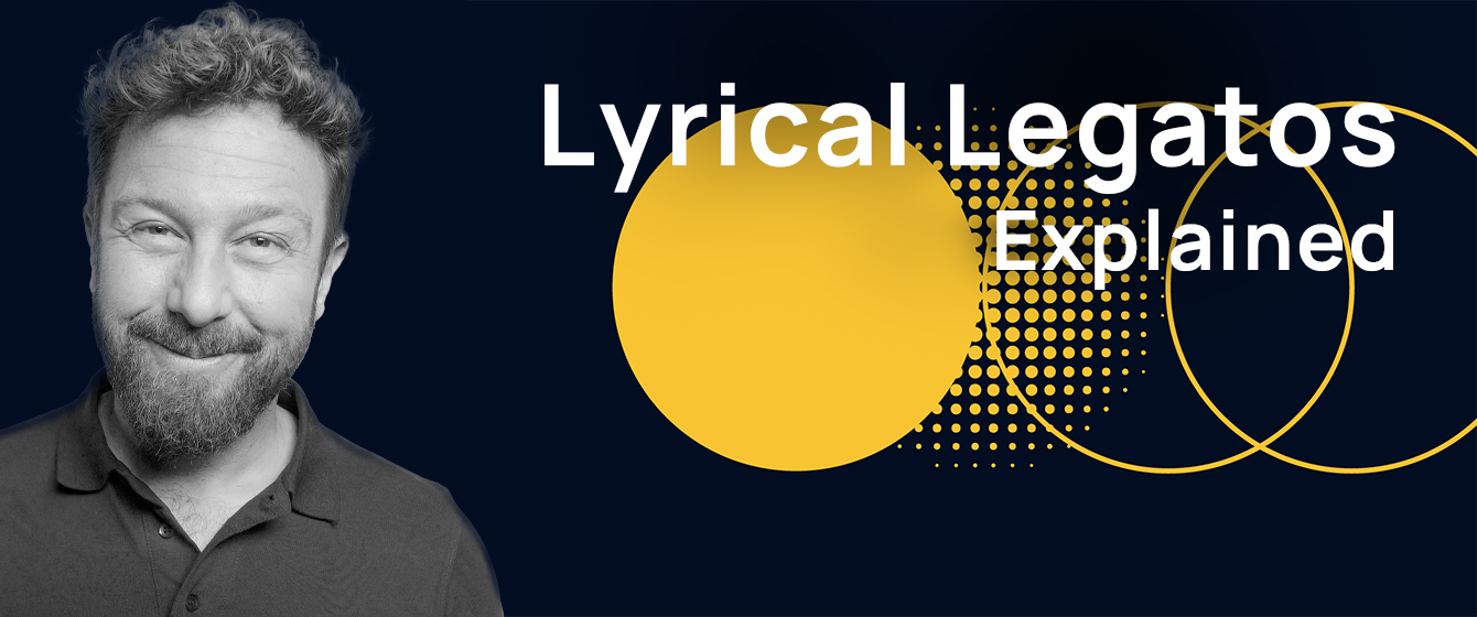 Promotional banner for Lyrical Legatos Explained featuring a smiling man with a beard and curly hair, next to the title in white text on a dark blue background with yellow circles and dotted patterns.