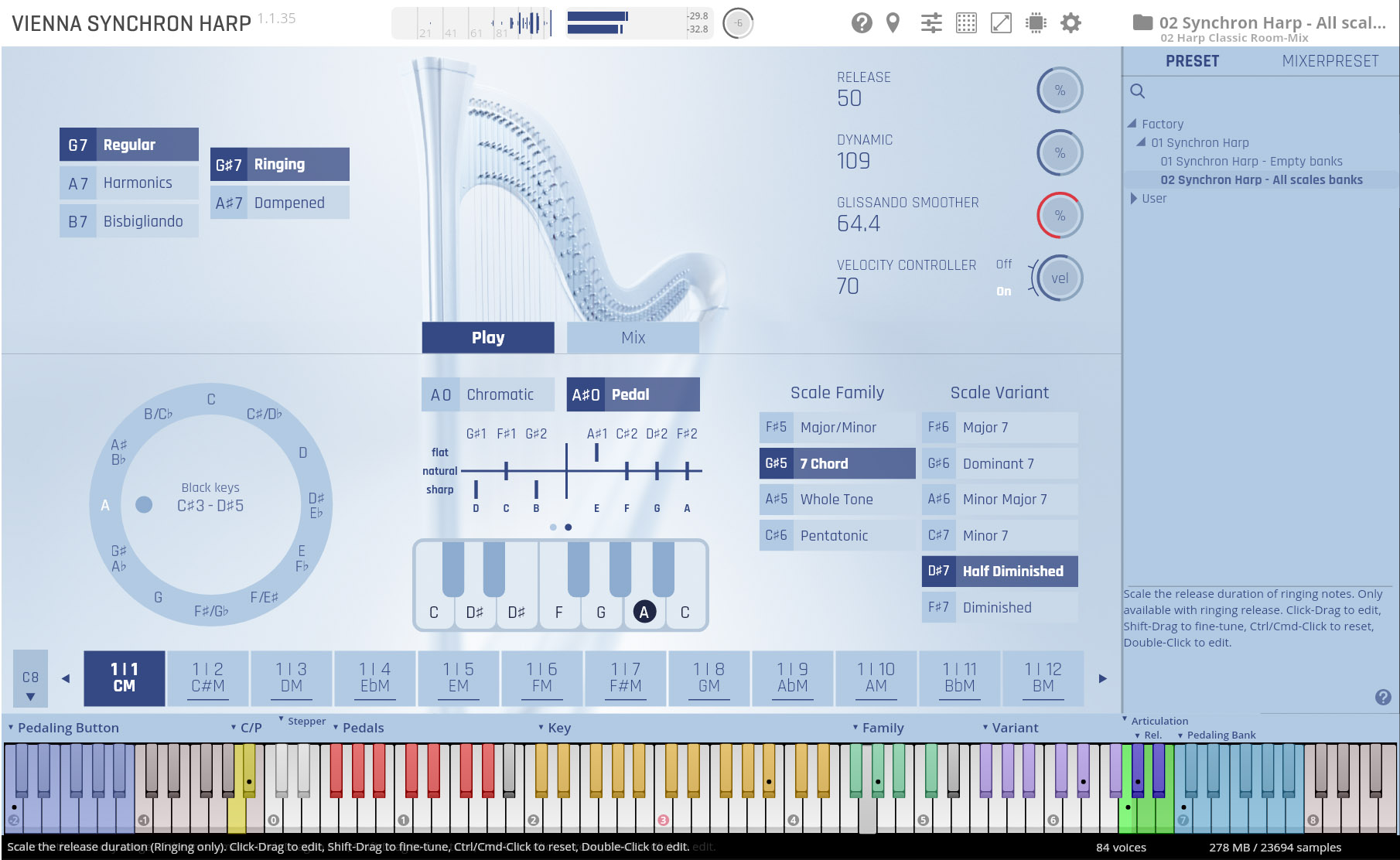 Vienna Synchron Harp software interface, featuring a realistic harp rendering, dynamic controls, scale family and variant selections, and a virtual keyboard for musical note input.