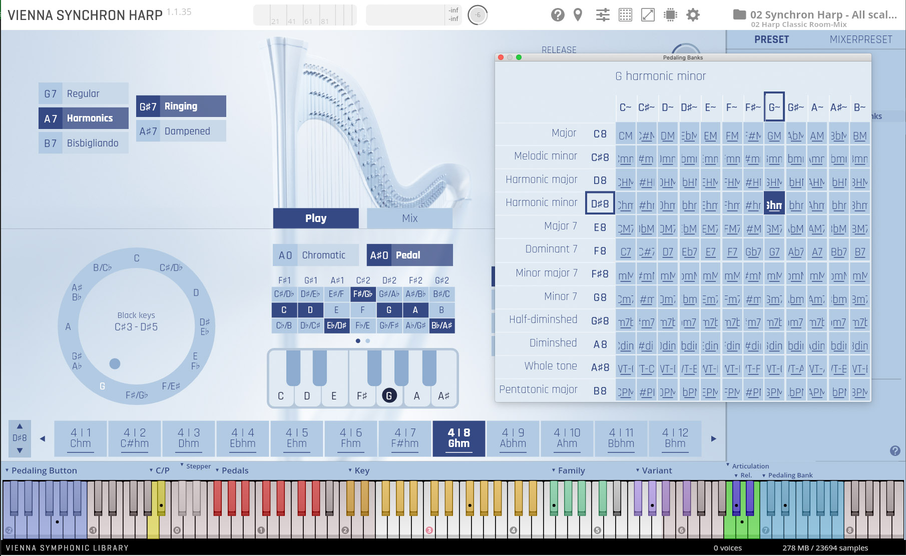 User interface of Vienna Synchron Harp 1.1.35 virtual instrument, displaying harp articulations (Regular, Harmonics, Ringing, Dampened, Bisbigliando), a circular key selection with black keys C#3-D#5, and a Pedaling Banks matrix for G harmonic minor.