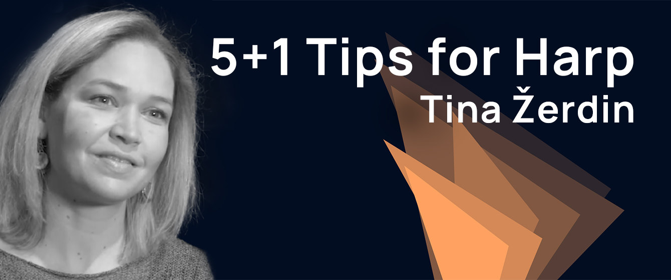 Black and white headshot of Tina Zerdin, a blonde woman, next to 5+1 Tips for Harp title text overlaid on abstract orange and brown geometric shapes, on a dark blue background.